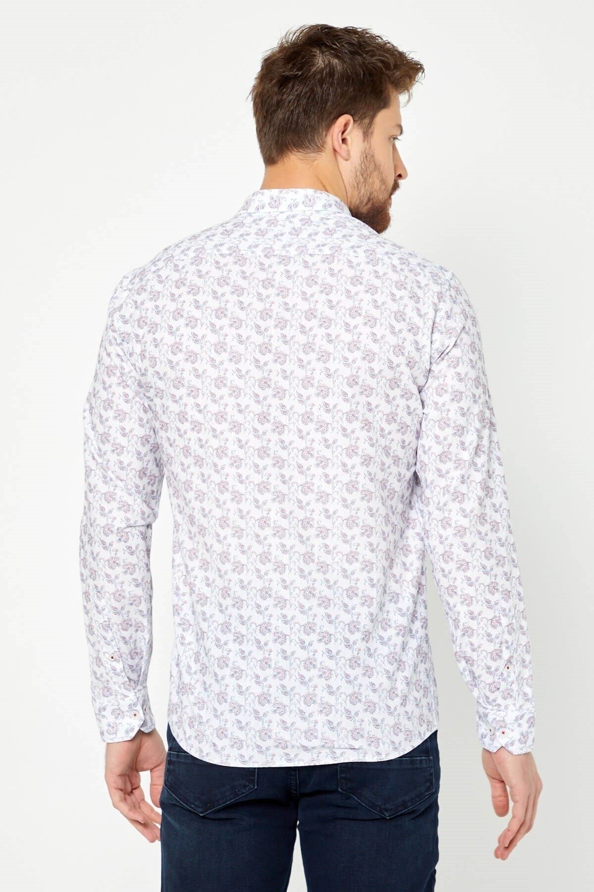 %100 Pamuk Keten Kırmızı Baskılı Slim Fit Uzun Kol Keten Gömlek