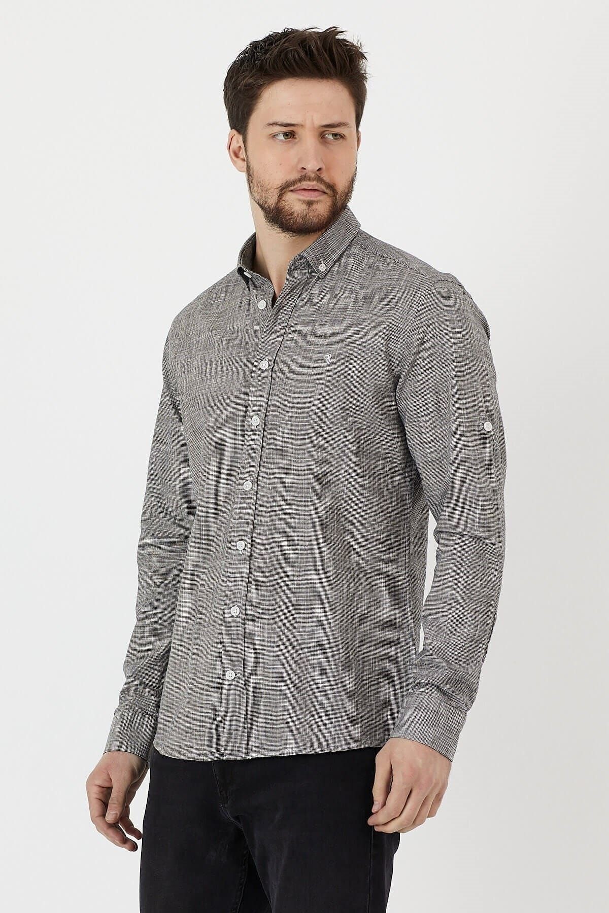 Gri %100 Pamuk Slim Fit Uzun Kol Keten Gömlek