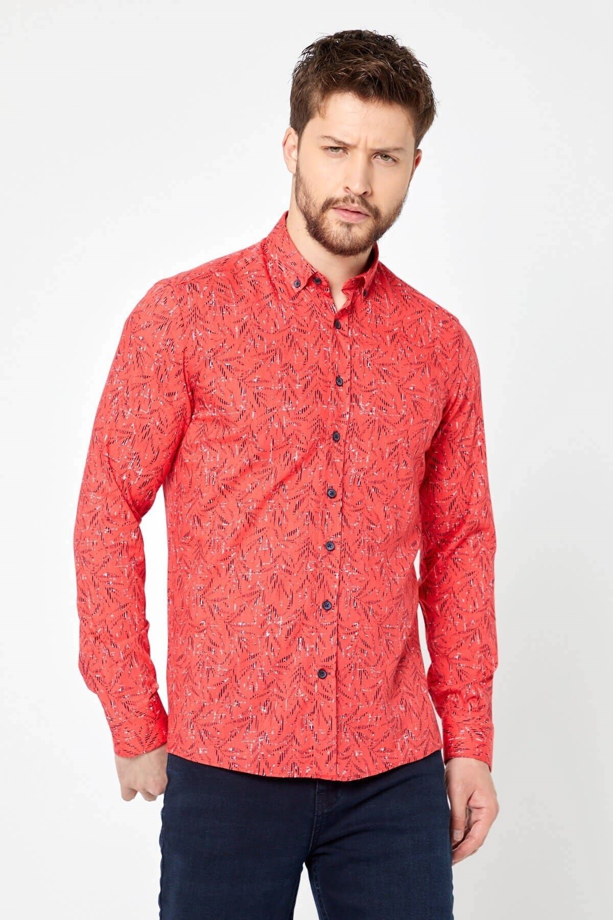 Pamuk Keten Baskılı Kırmızı Slim Fit Uzun Kol Gömlek