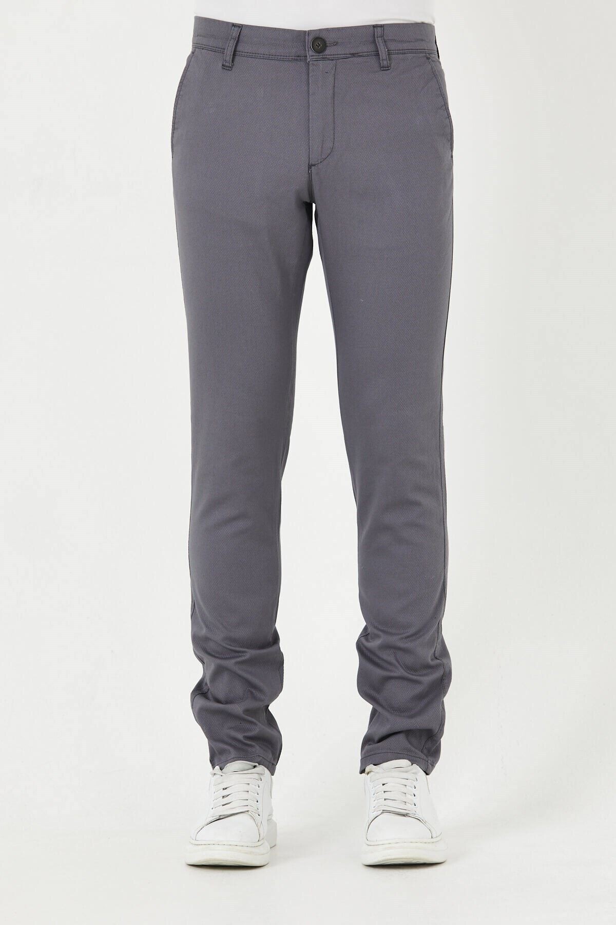 Gri Chıno Yan Cepli Mikro Desen Keten Regular Fit Pantolon