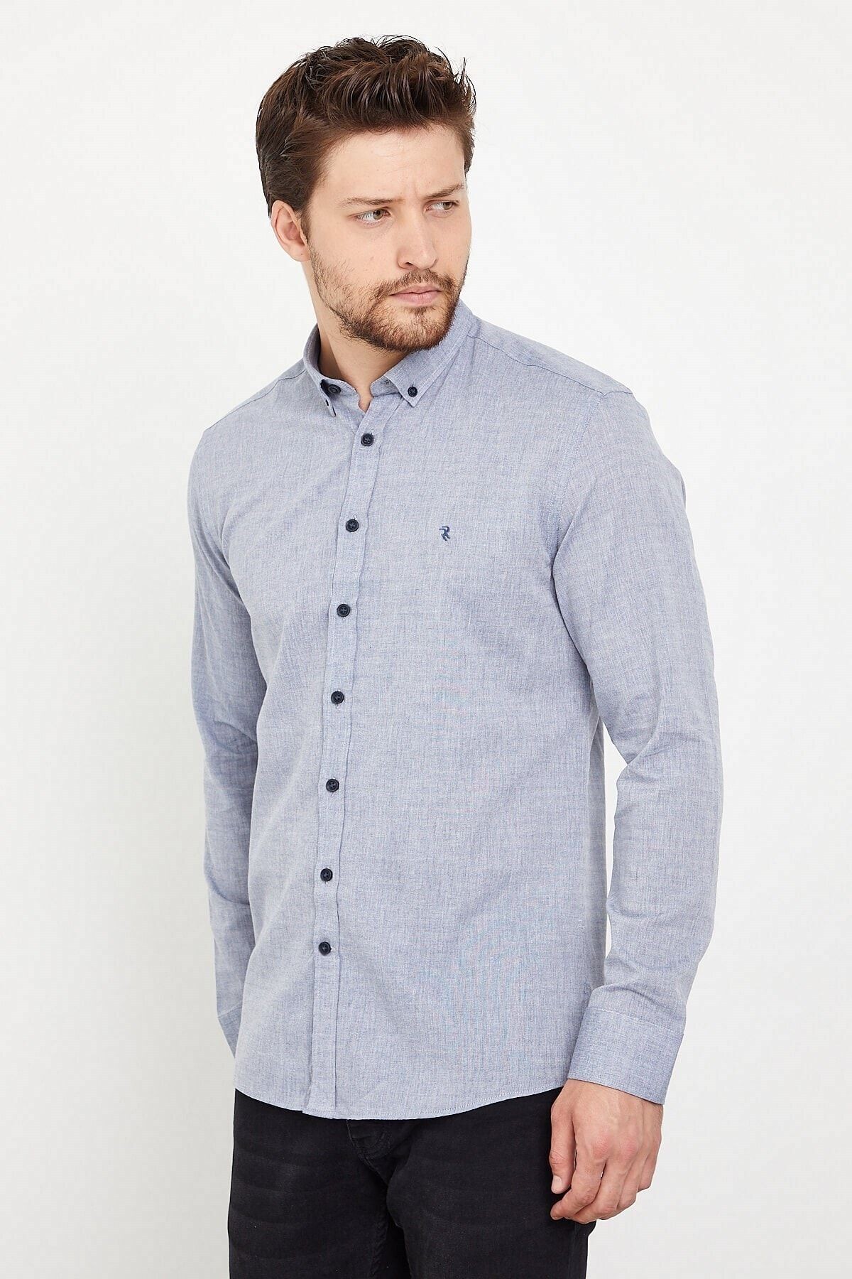 Açık Lacivert Pamuklu Slim Fit Uzun Kol Gömlek