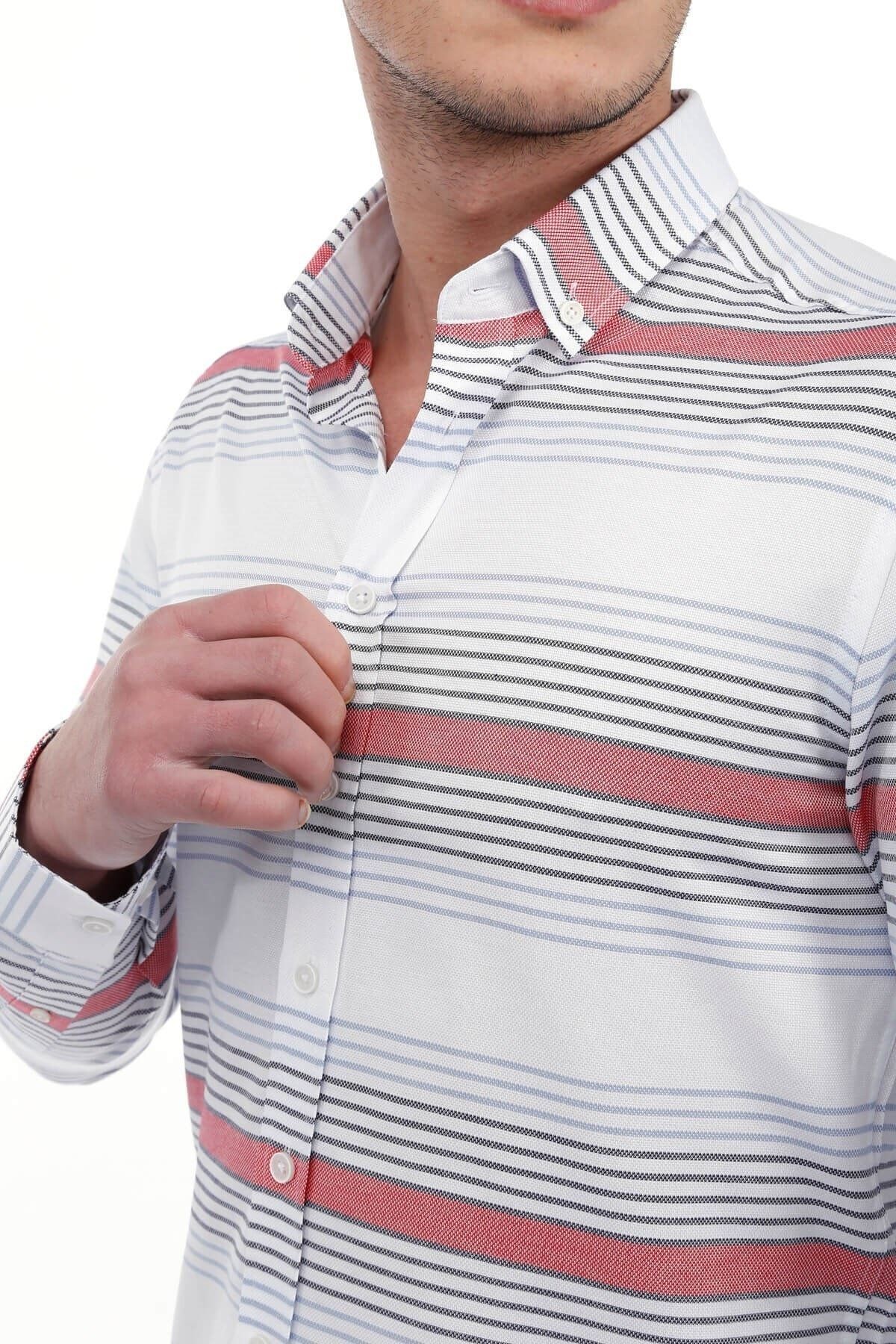 Kırmızı Panolu Beyaz Slim Fit Gömlek