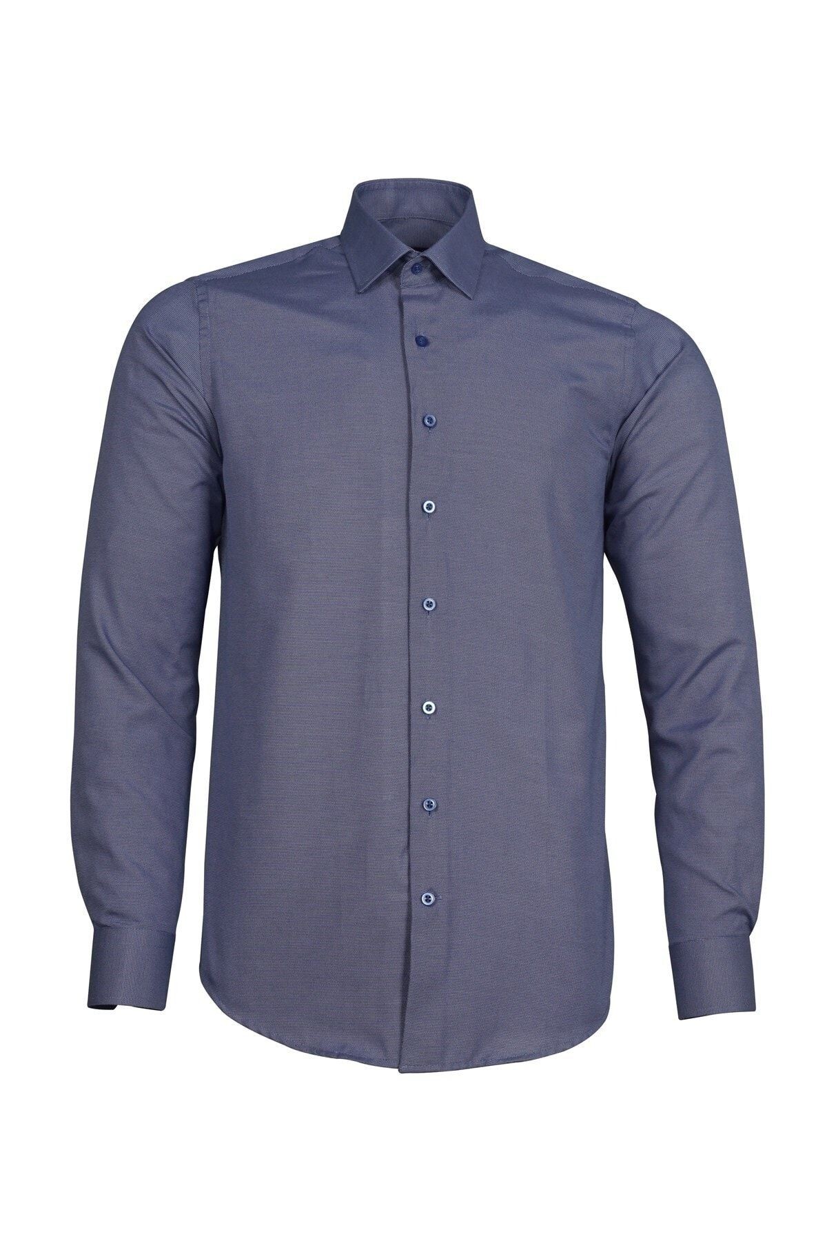 Erkek  Mavi Slim Fit Armürlü Gömlek