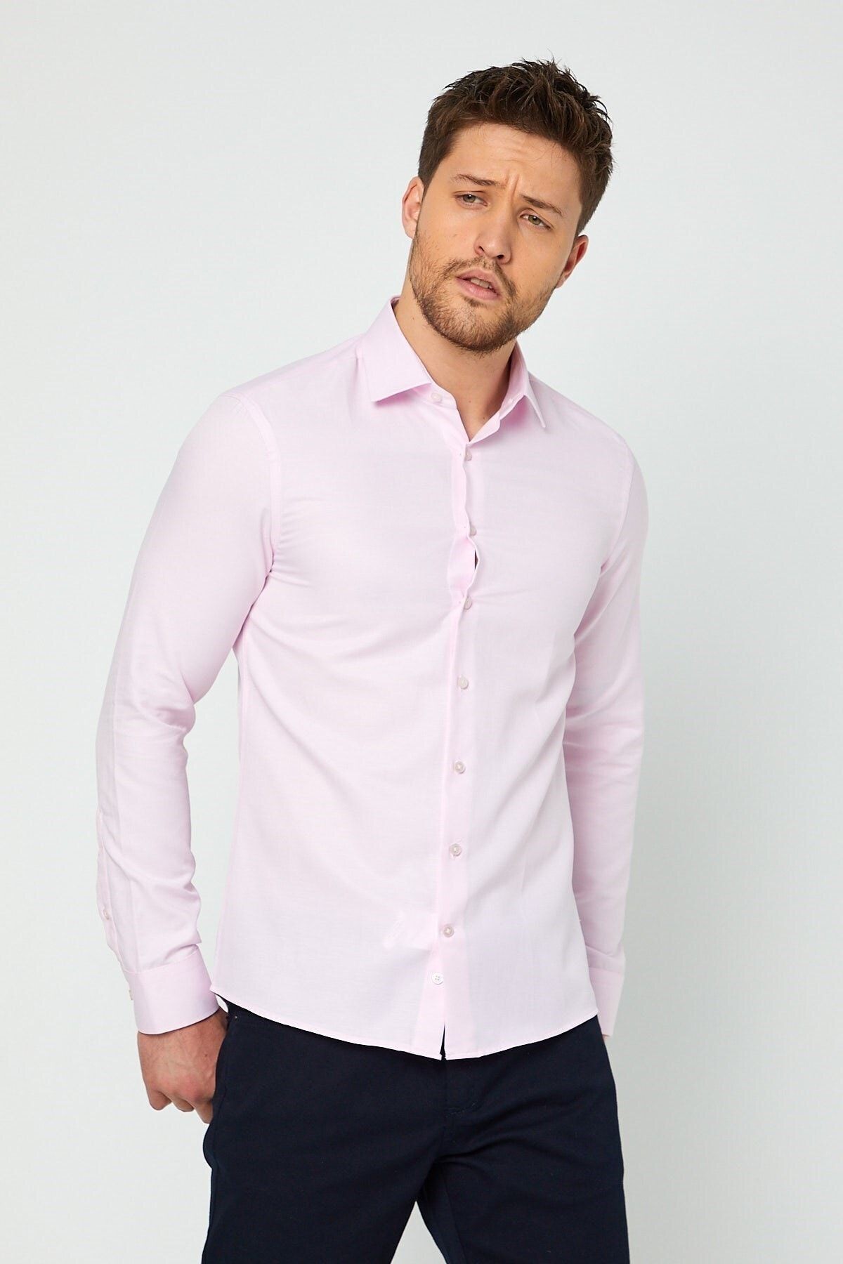 Toz Pembe Slim Fit Uzun Kol Gömlek