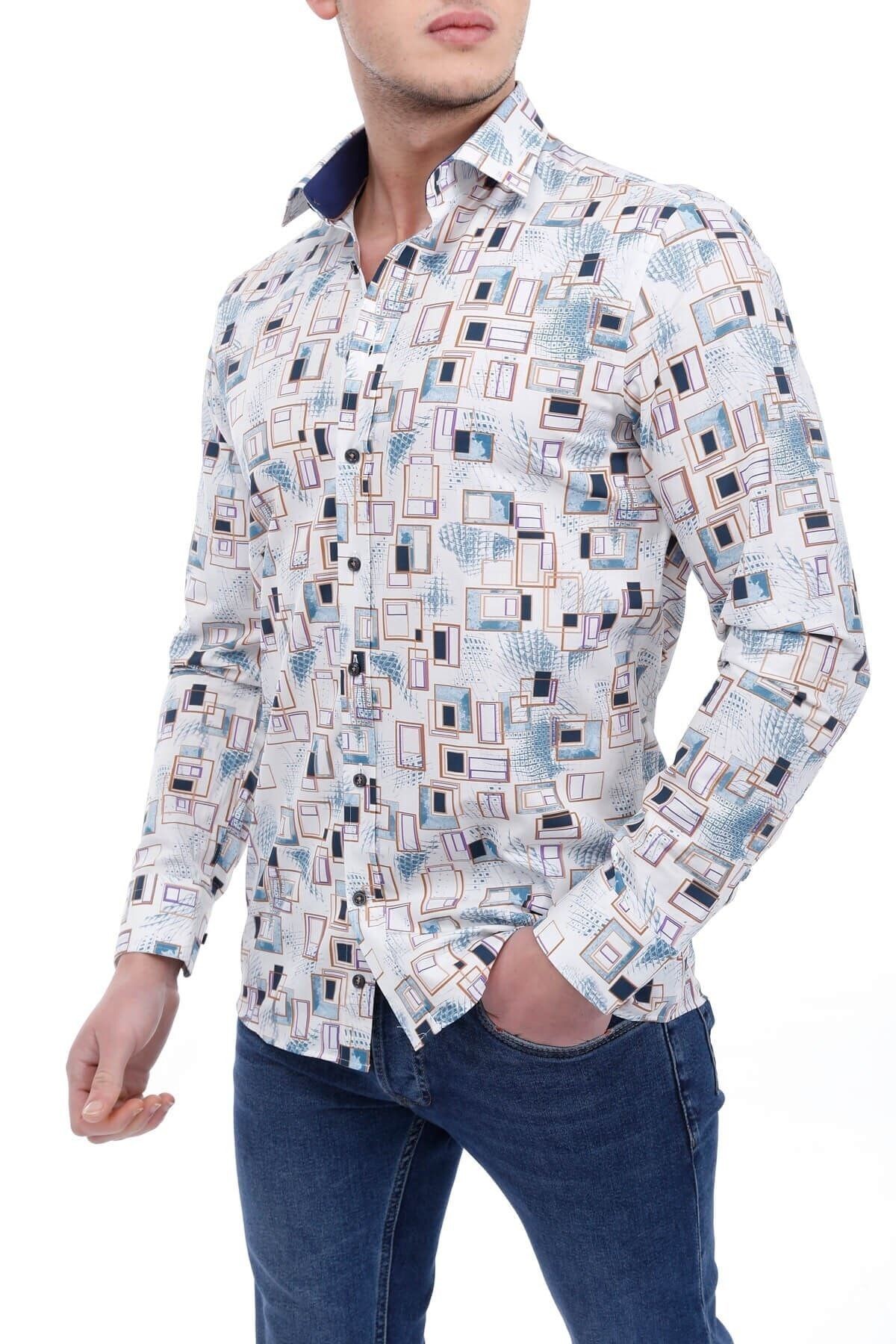 Baskılı Krem Slim Fit Gömlek