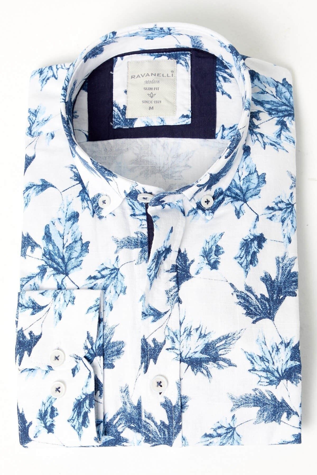 %100 Pamuk Keten Mavi Baskılı Slim Fit Uzun Kol Keten Gömlek