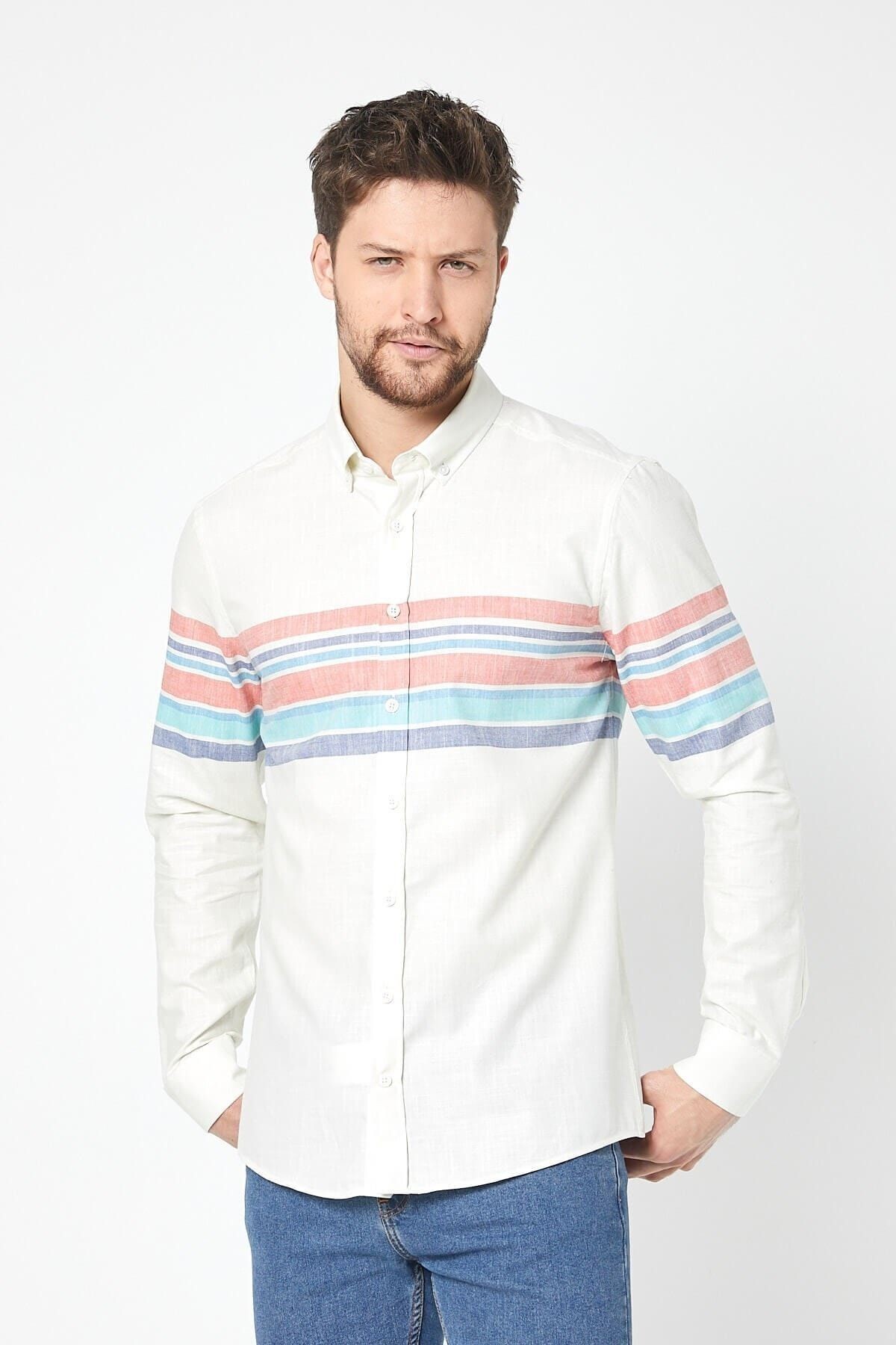 Keten Kırmızı Panolo Beyaz Slim Fit Uzun Kol Gömlek
