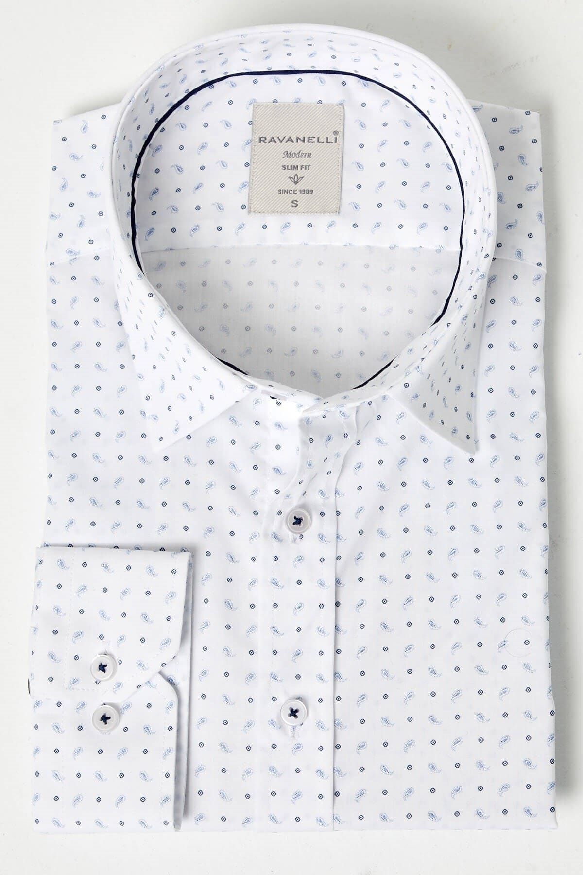 Mavi Baskılı Beyaz Slim Fit Uzun Kol Gömlek