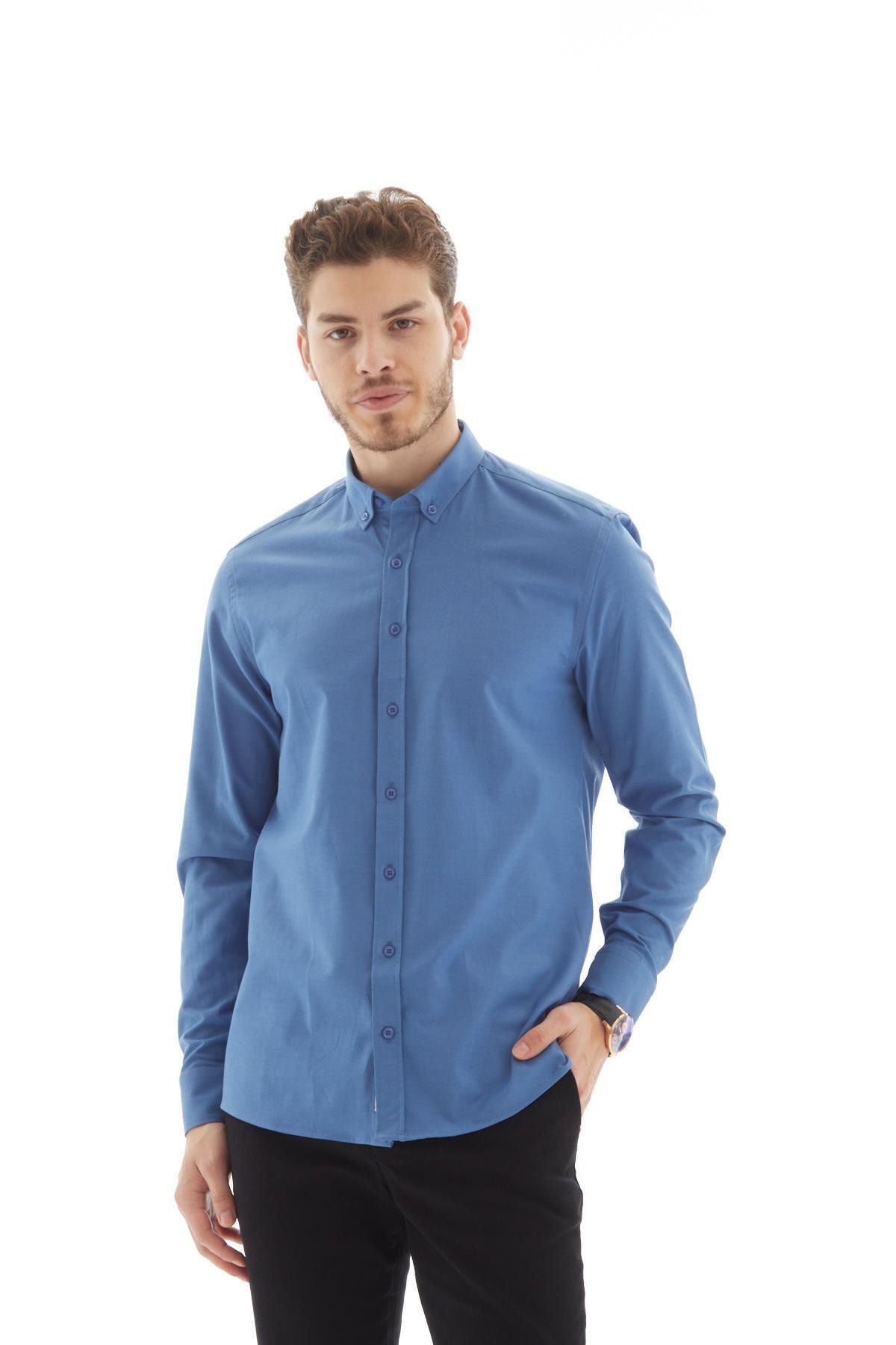 Vessmen Bordo Dar Kesim Slim Fit Yaka Düğmeli Uzun Kol Erkek Gömlek