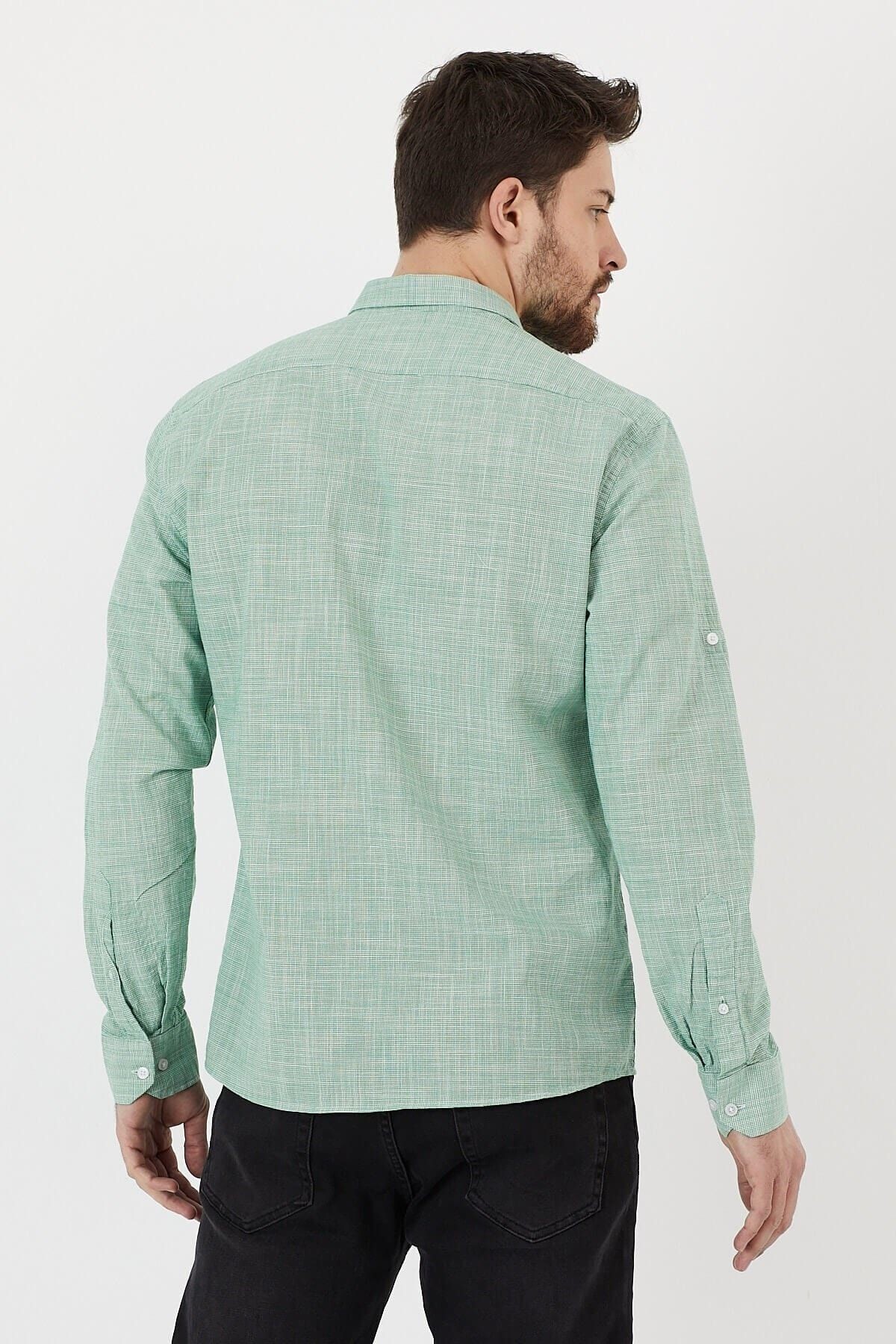 Yeşil %100 Pamuk Slim Fit Uzun Kol Keten Gömlek