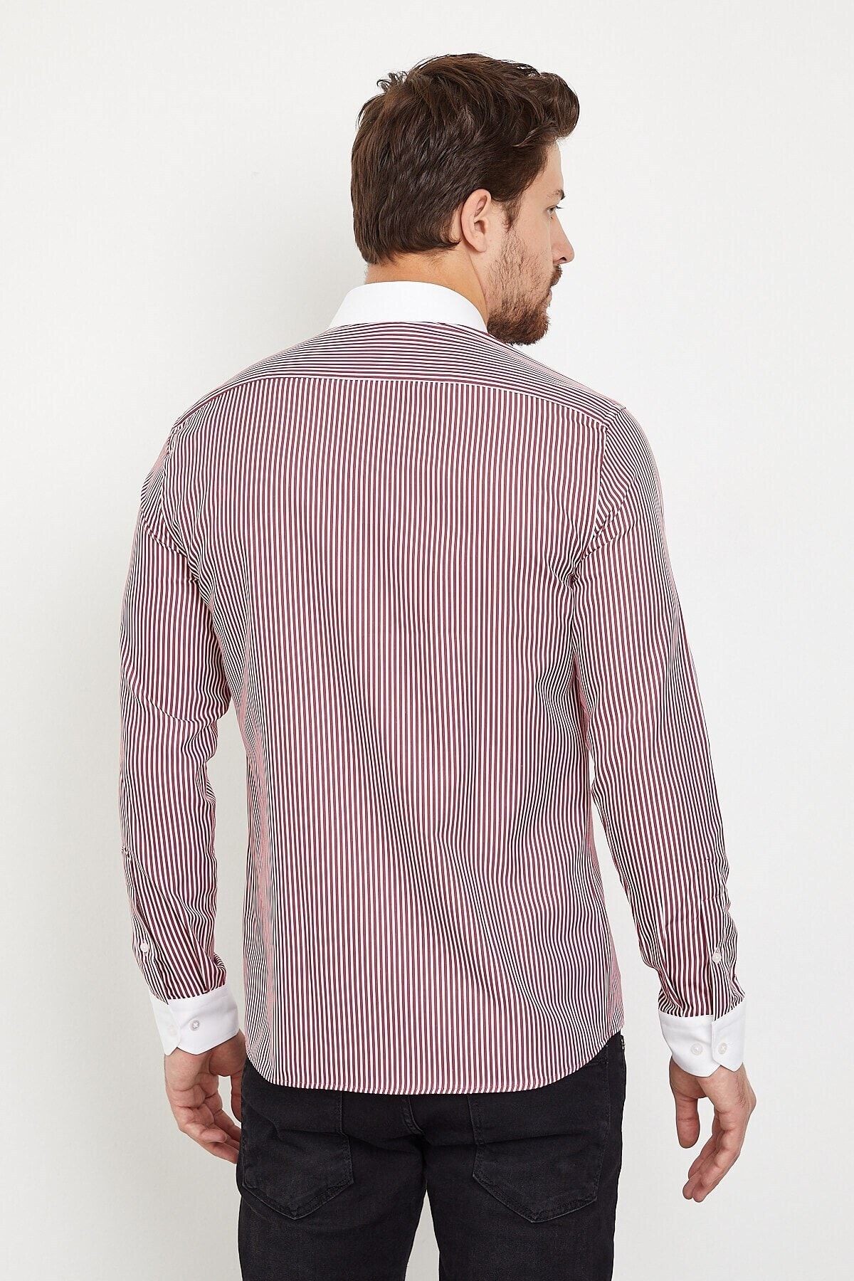 Beyaz Yakalı Bordo Beyaz Çizgili Slim Fit Uzun Kol Gömlek