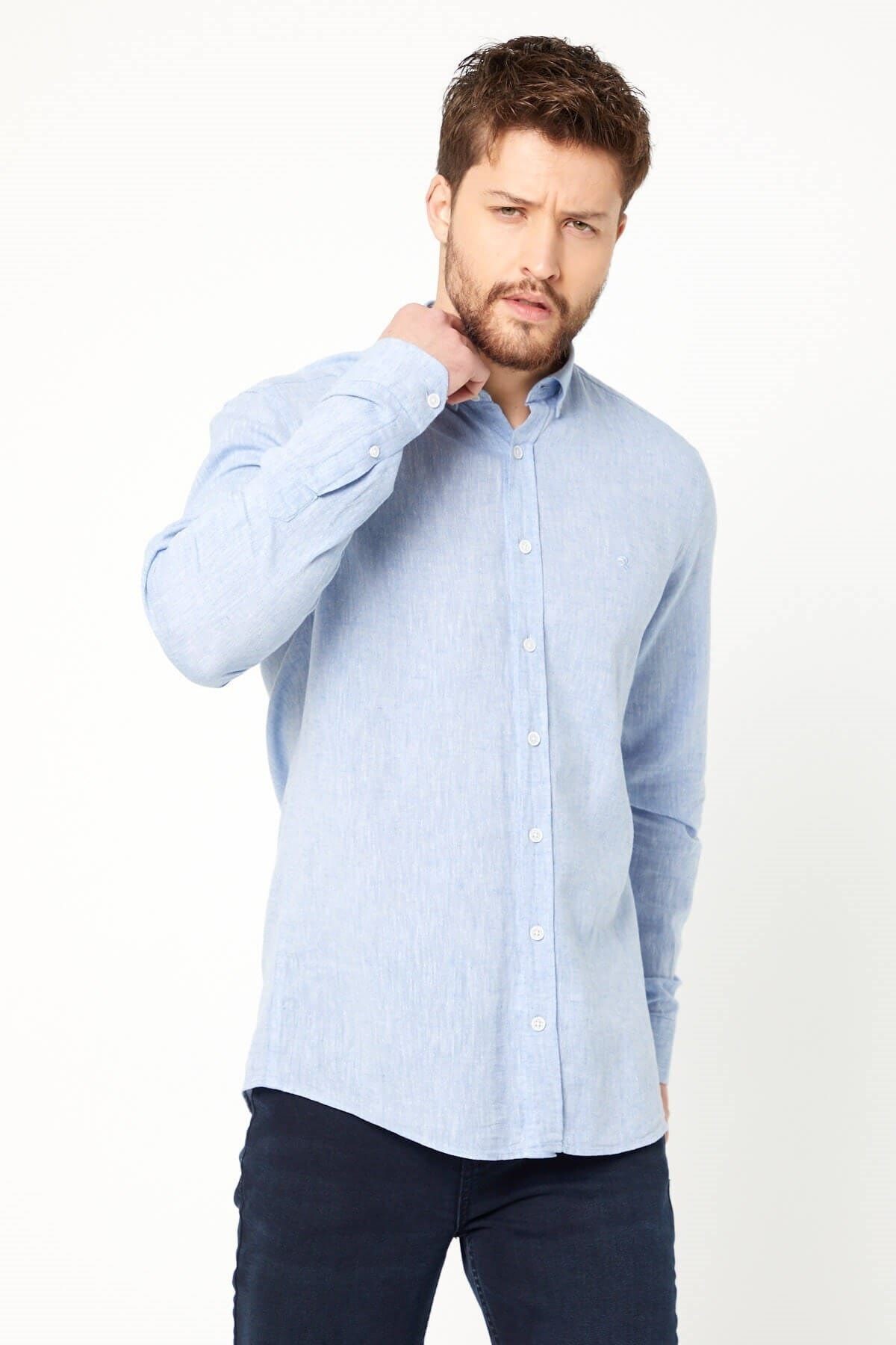 Mavi Slim Fit Uzun Kol Keten Gömlek
