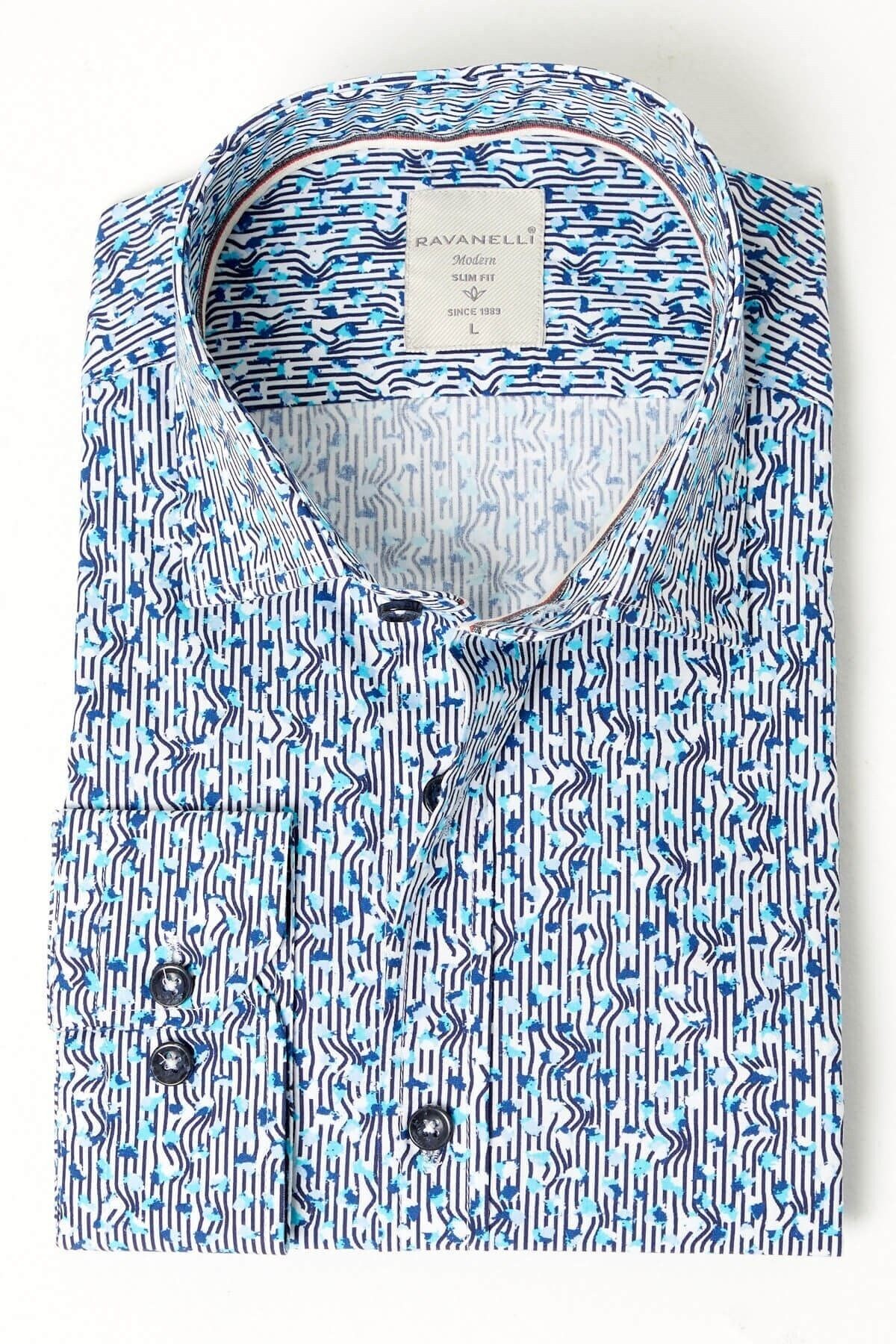 %100 Pamuk Turkuaz Baskılı Slim Fit Uzun Kol Gömlek