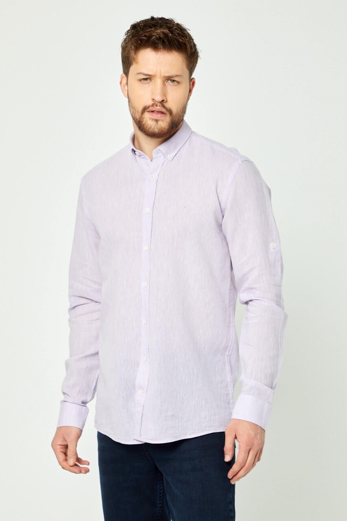 Lila Slim Fit Uzun Kol Keten Gömlek