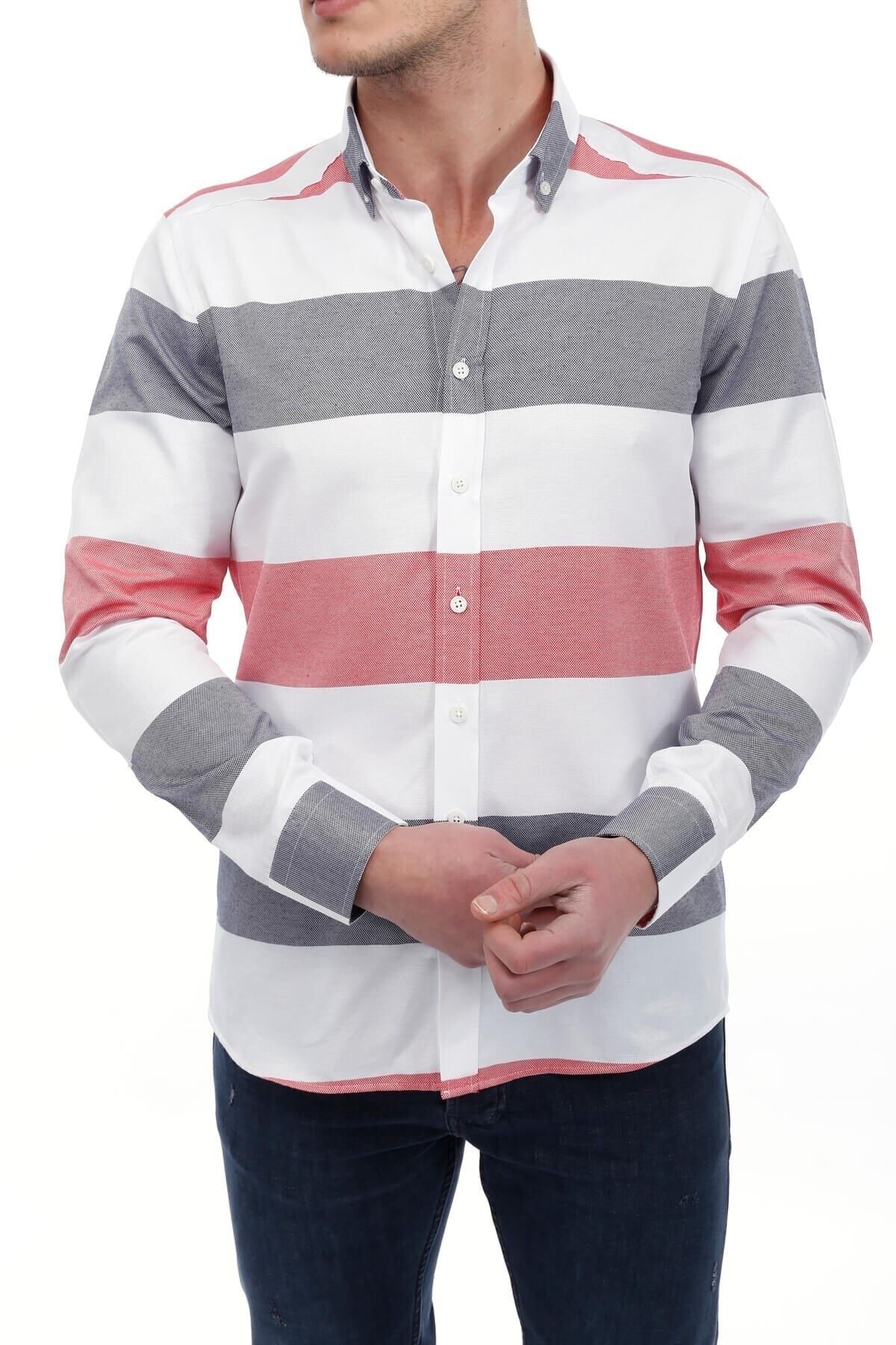 Gri Beyaz Panolo Slim Fit Gömlek