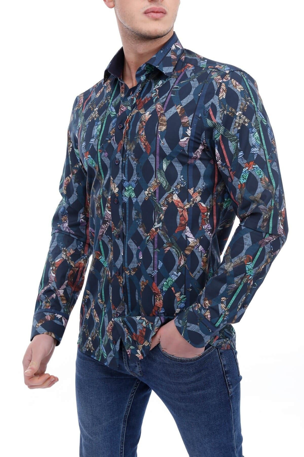 Baskılı Lacivert Slim Fit Gömlek
