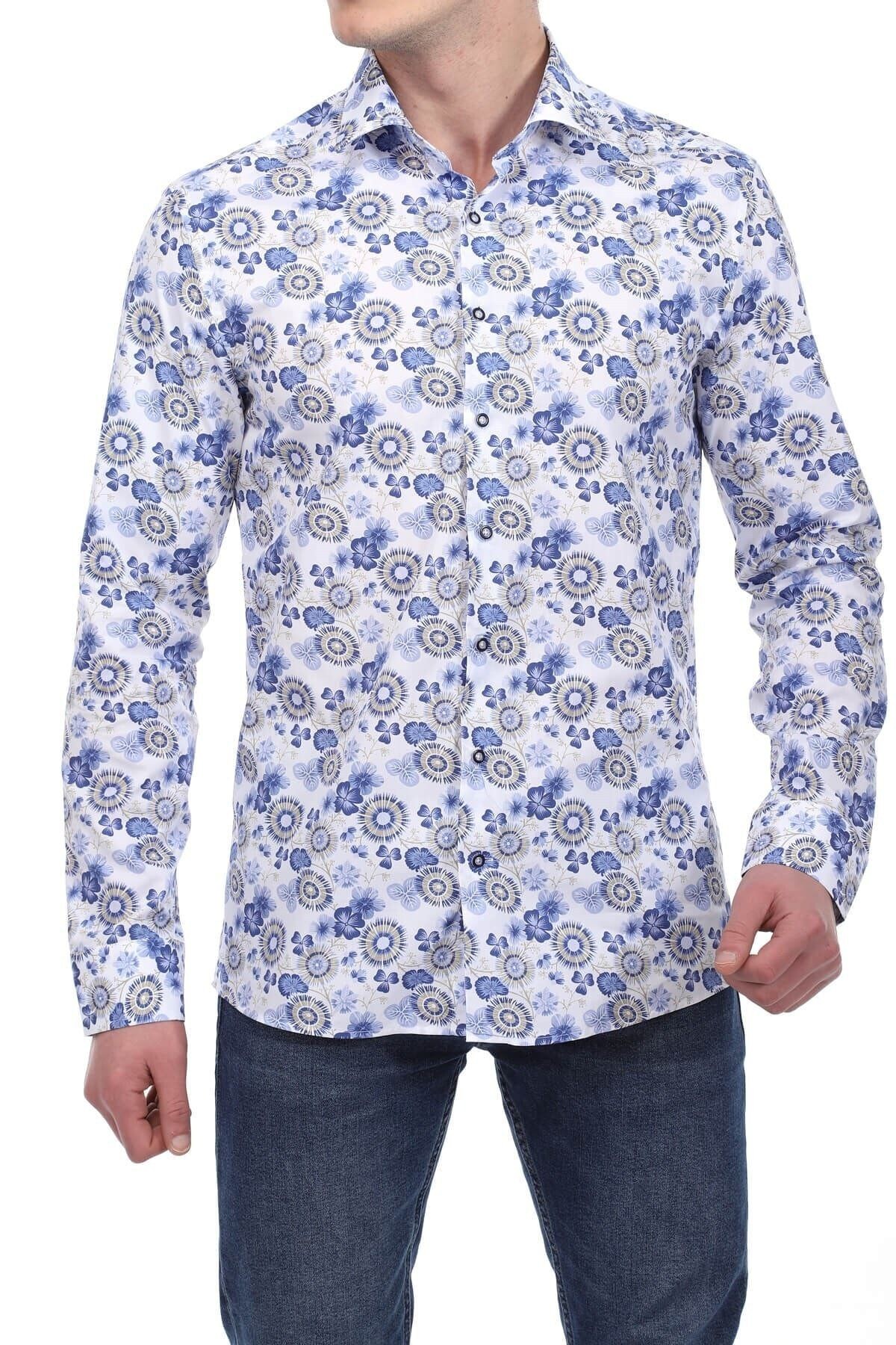 Baskılı Beyaz Slim Fit Gömlek