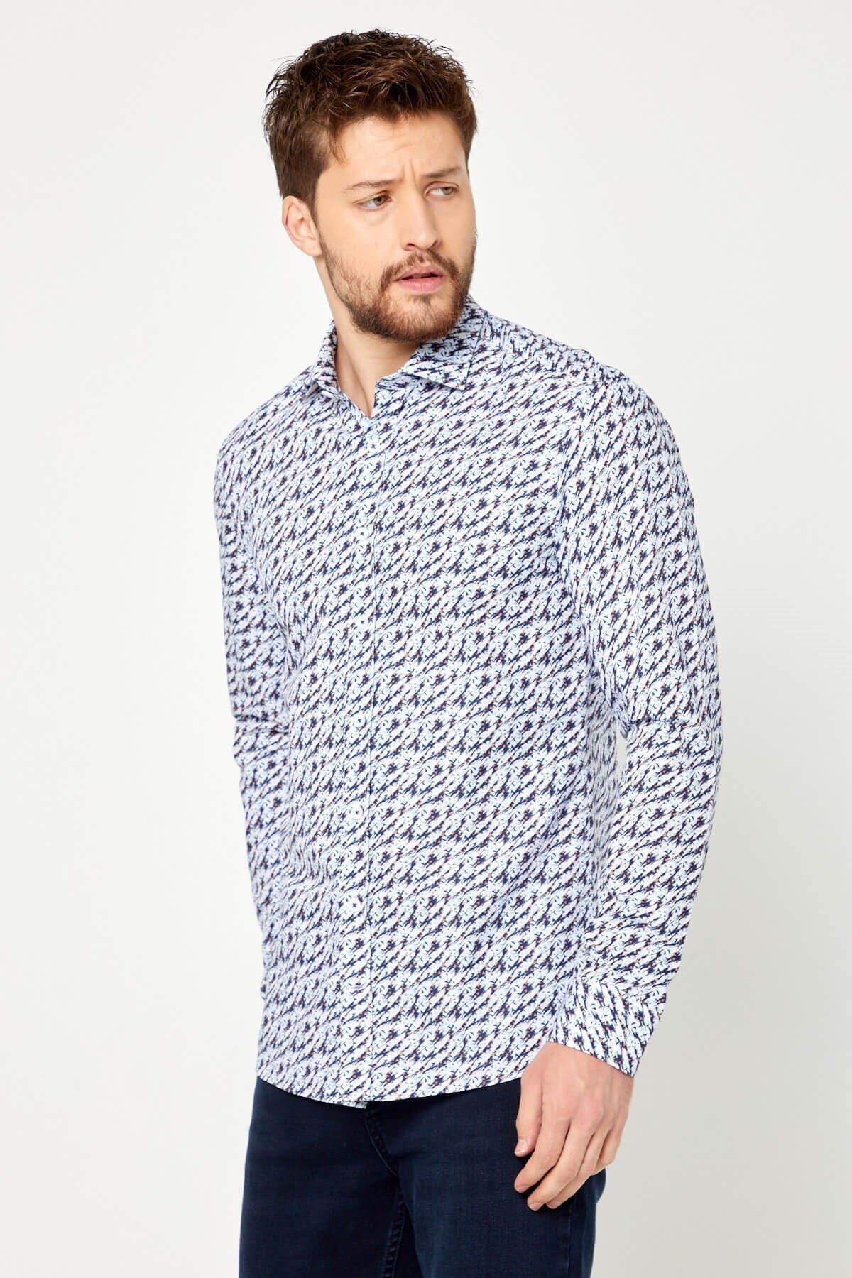 %100 Pamuk Lacivert Baskılı Slim Fit Uzun Kol Gömlek