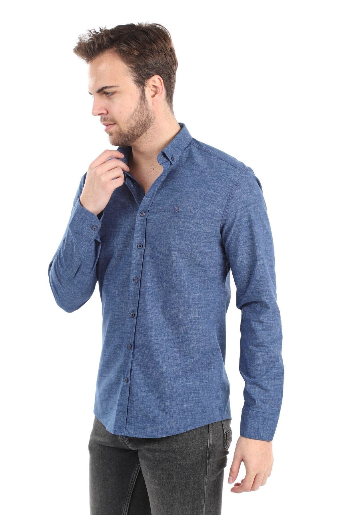 Baskılı Lacivert Slim Fit Gömlek