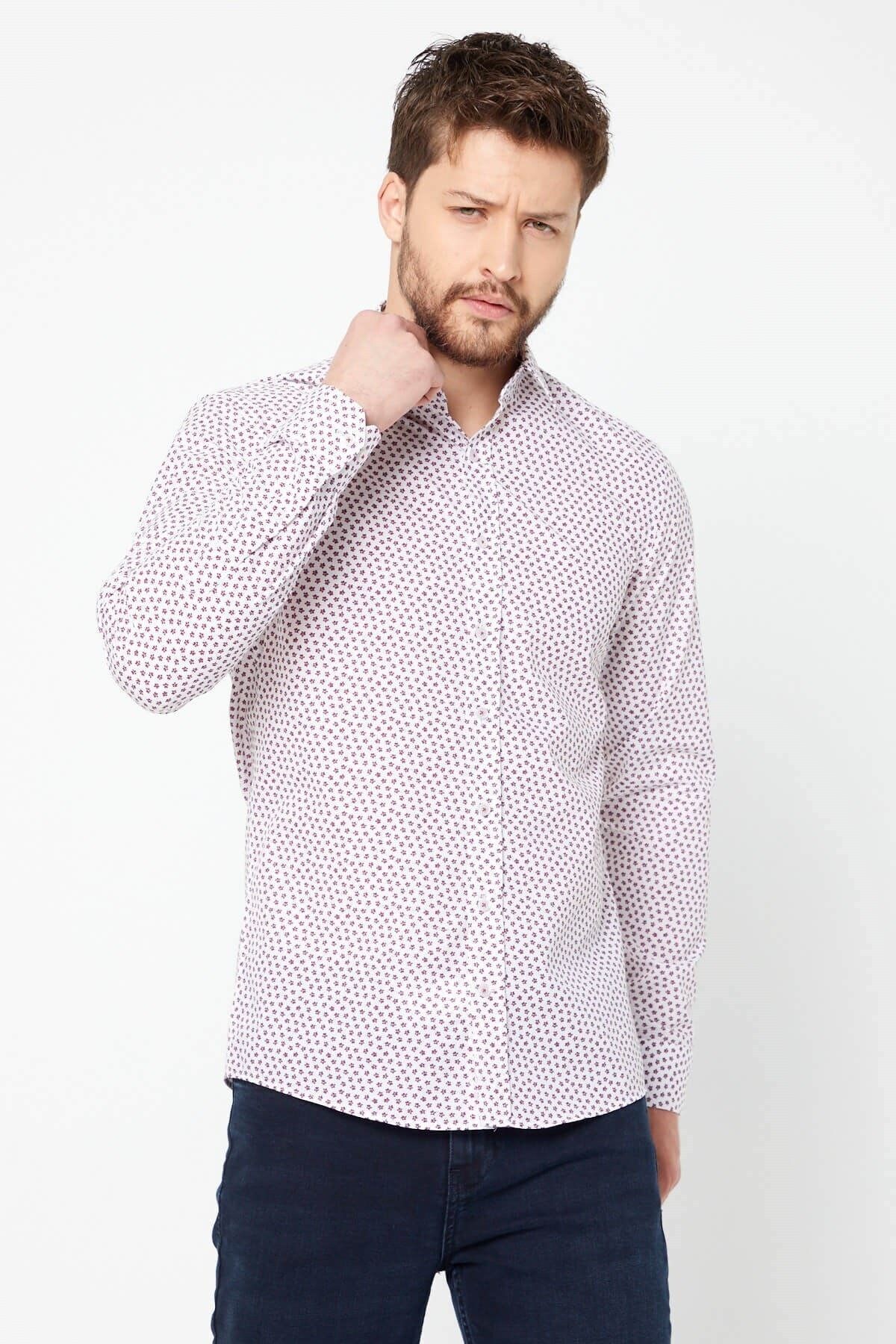 Bordo Çiçek Baskılı Beyaz Slim Fit Uzun Kol Gömlek