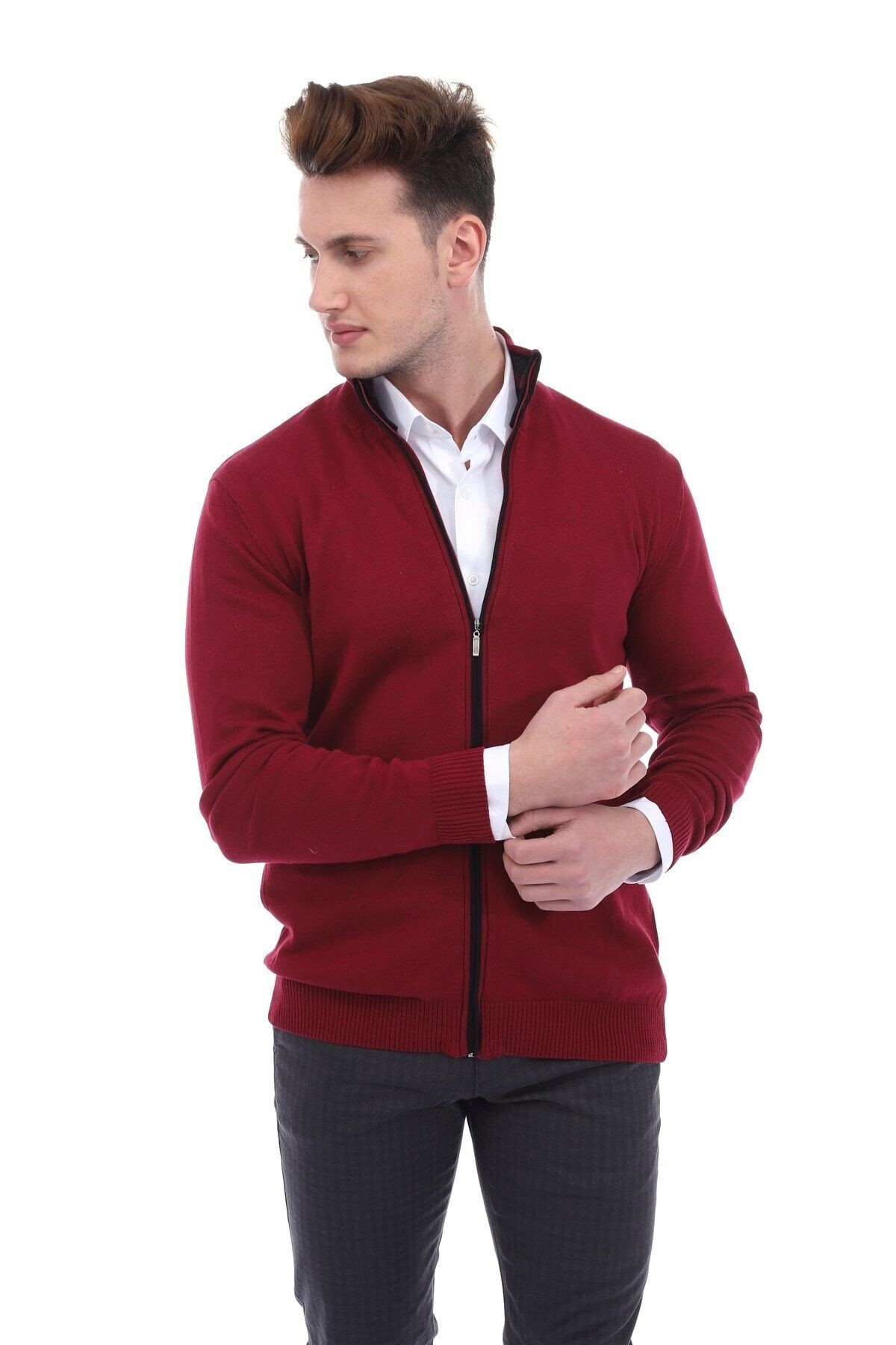 Bordo Slimfit Fermuarlı Hırka