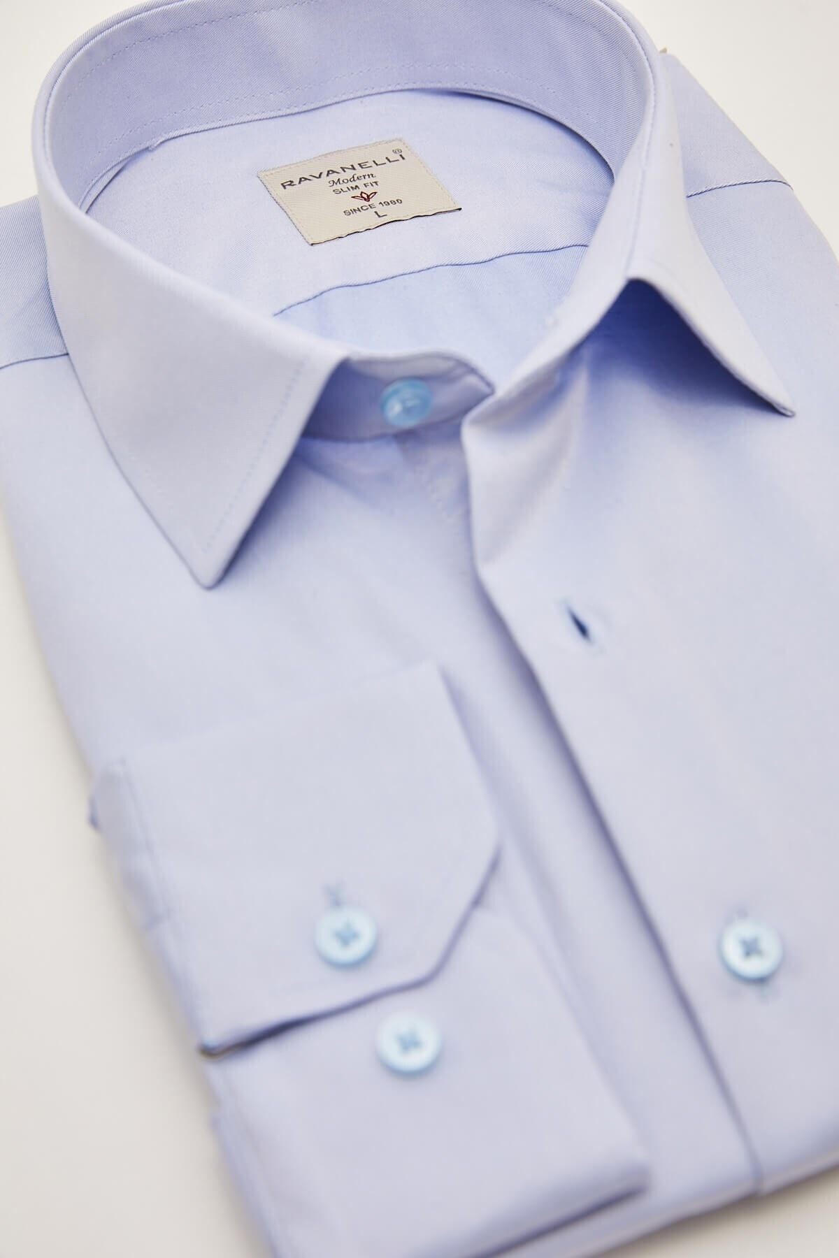Mavi Saten Slim Fit Uzun Kol Gömlek
