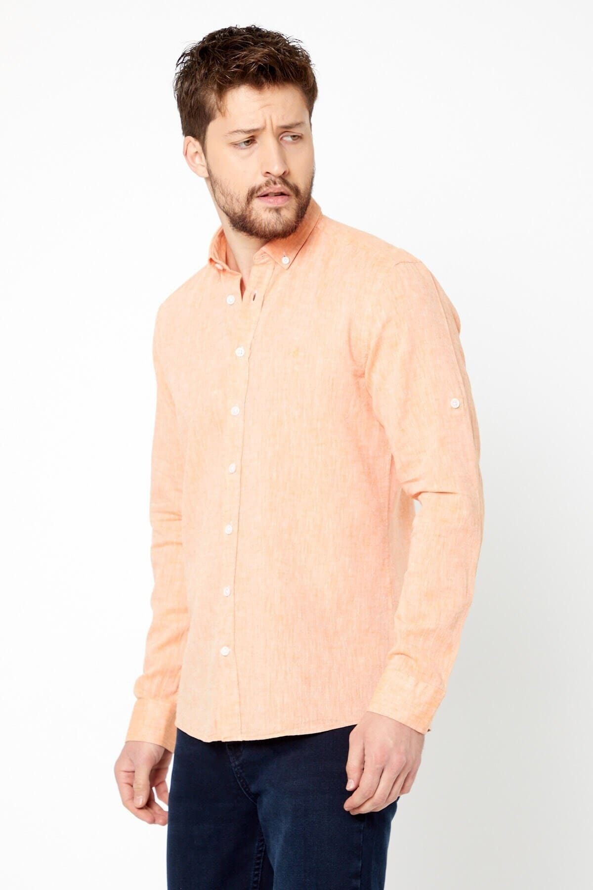 Turuncu Slim Fit Uzun Kol Keten Gömlek