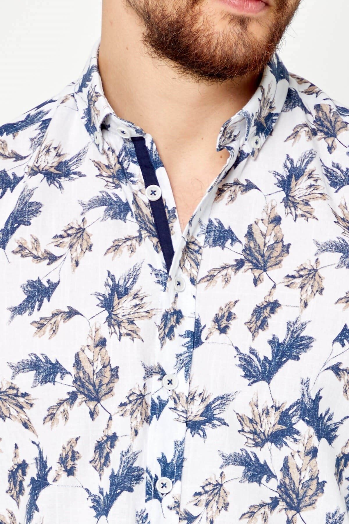 %100 Pamuk Keten Kahverengi Baskılı Slim Fit Uzun Kol Keten Gömlek