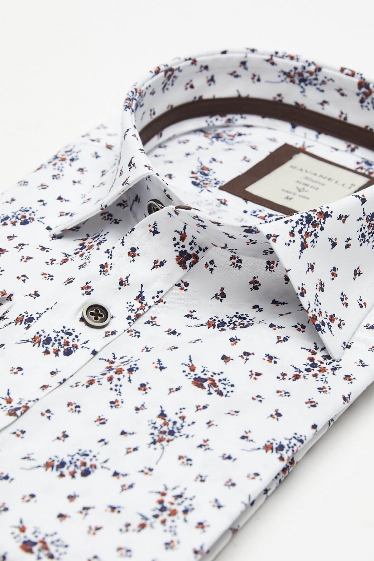 Lacivert Baskılı Beyaz Slim Fit Uzun Kol Gömlek