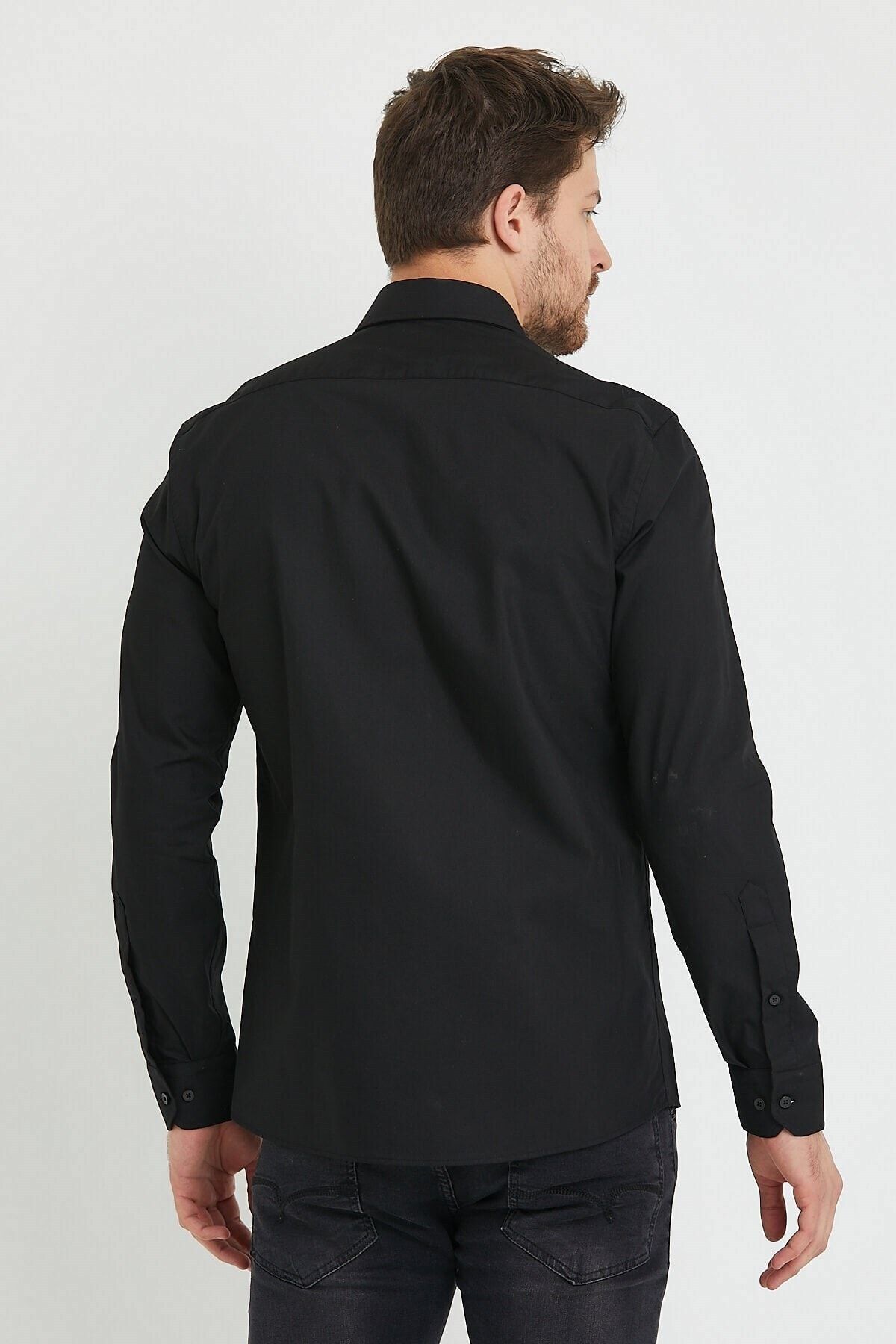 Slim Fit Uzun Kollu Kolay Ütü Teri Emen Yumuşak Dokulu Kravatlık Dört Mevsim Siyah Erkek Gömlek
