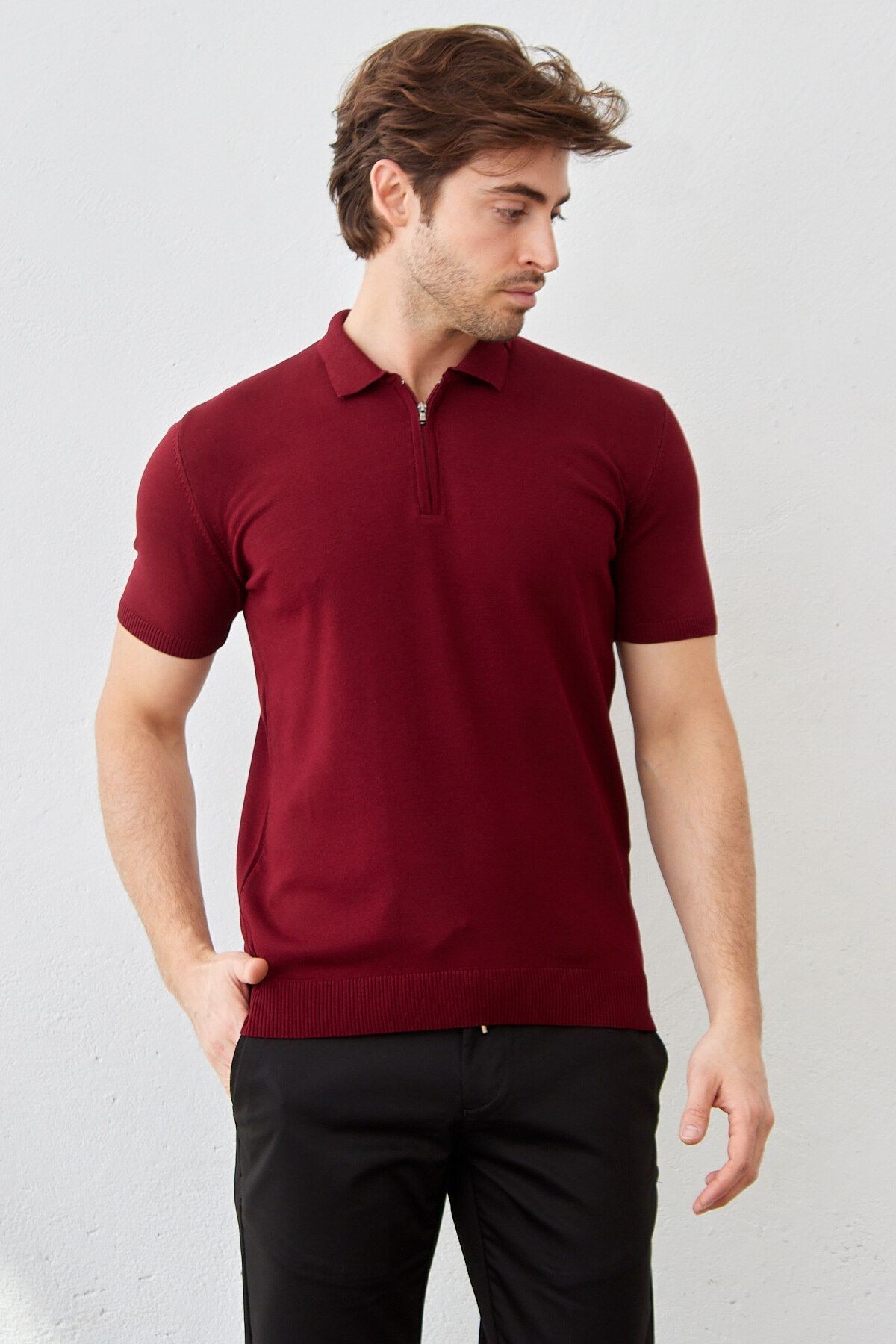 Erkek Modern Slim Fit Fermuarlı Polo Yaka T-Shirt