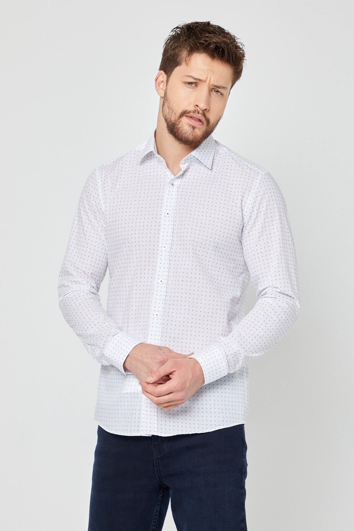 Mavi Baskılı Beyaz Slim Fit Uzun Kol Gömlek