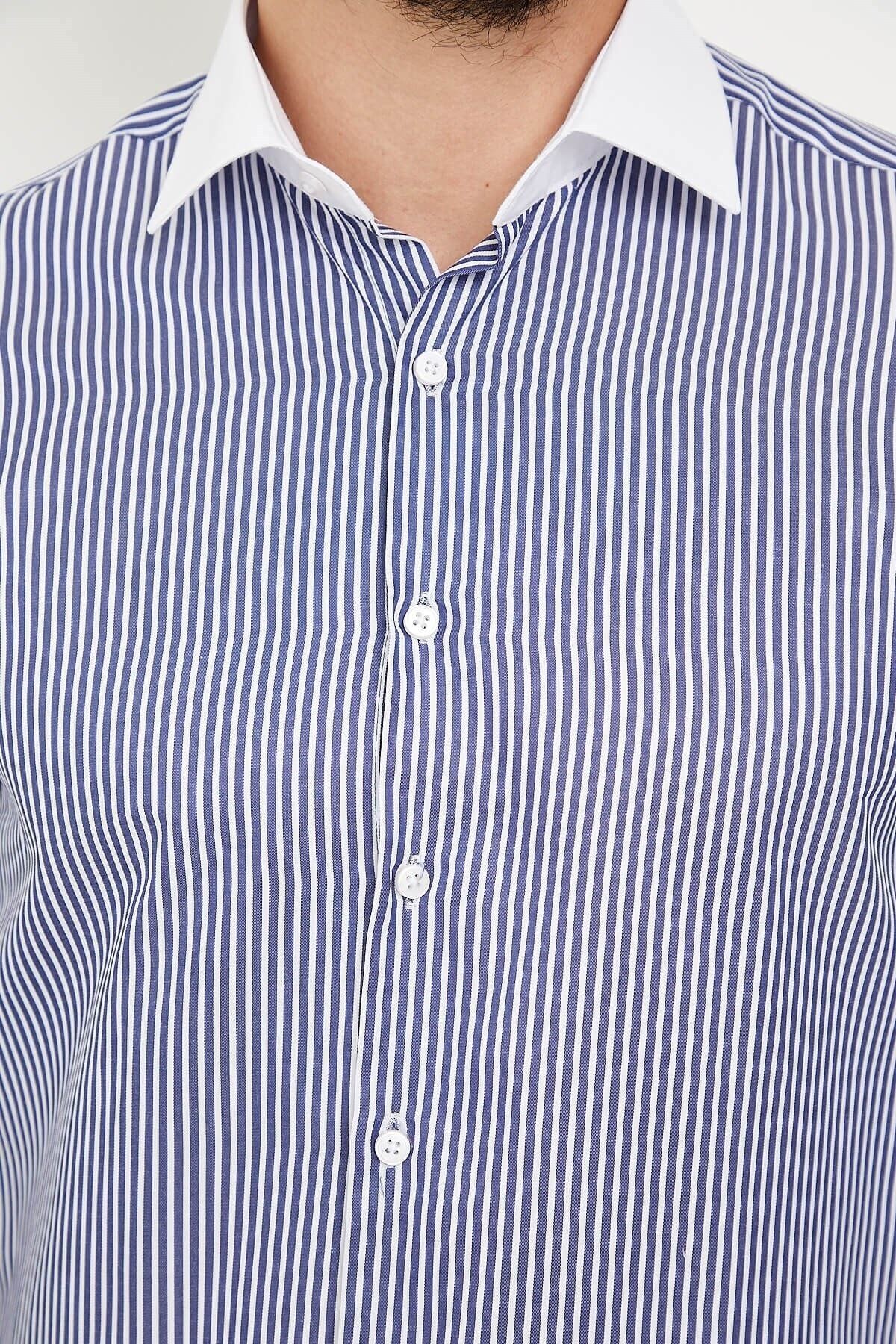 Beyaz Yakalı Laci Beyaz Çizgili Slim Fit Uzun Kol Gömlek