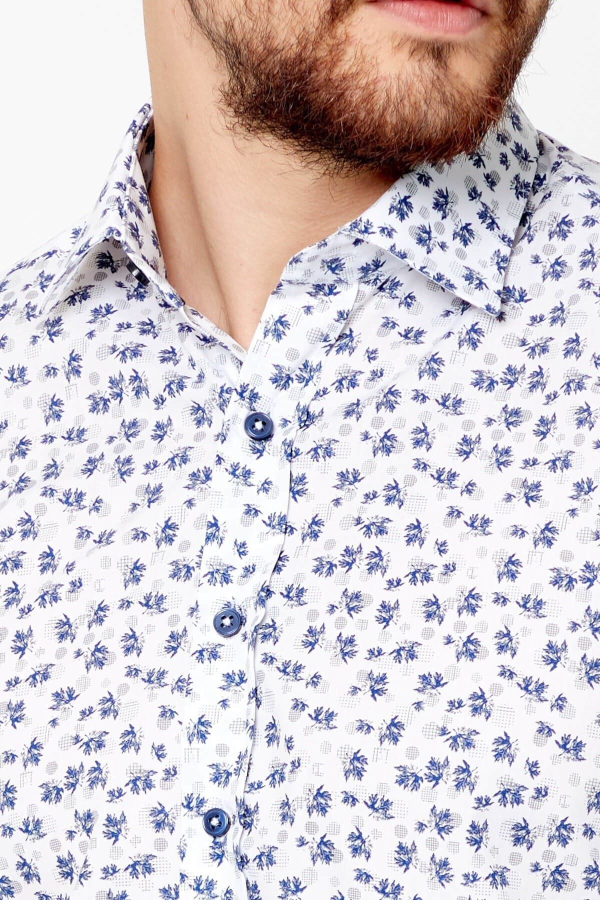 Lacivert Baskılı Beyaz Slim Fit Uzun Kol Gömlek