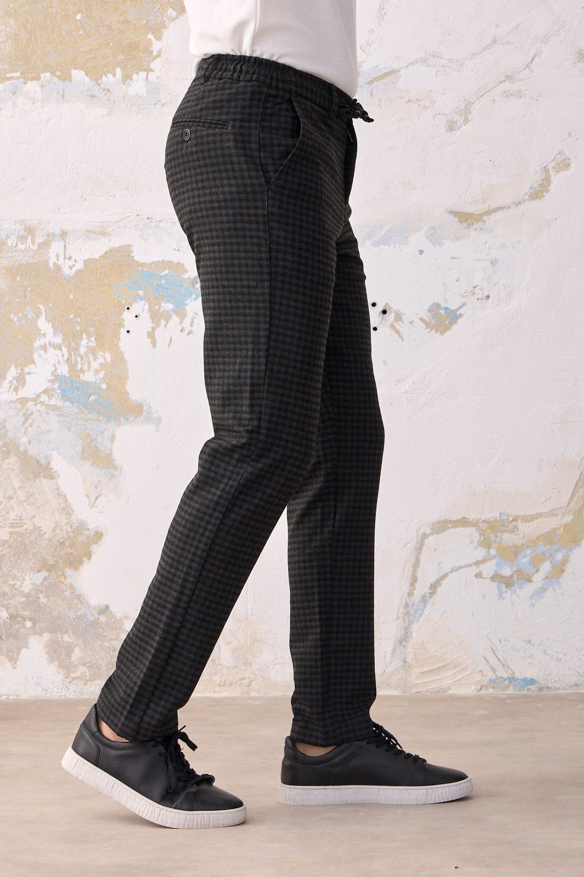 Erkek Günlük Jogger Beli Lastikli Ipli Cepli Slim Fit En Boy Likralı Kareli Pantolon