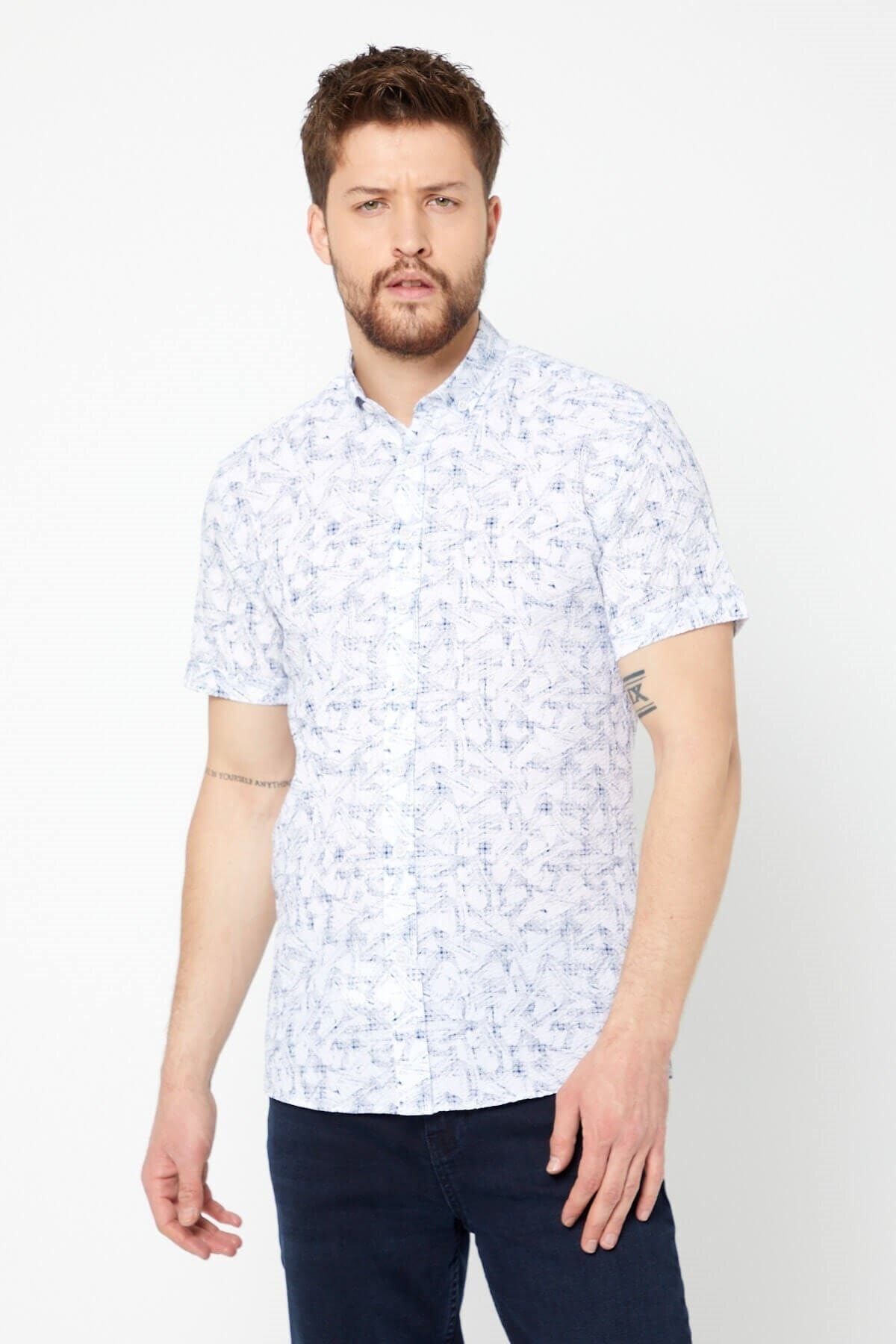 Gofre Baskılı Beyaz Slim Fit Kısa Kol Gömlek