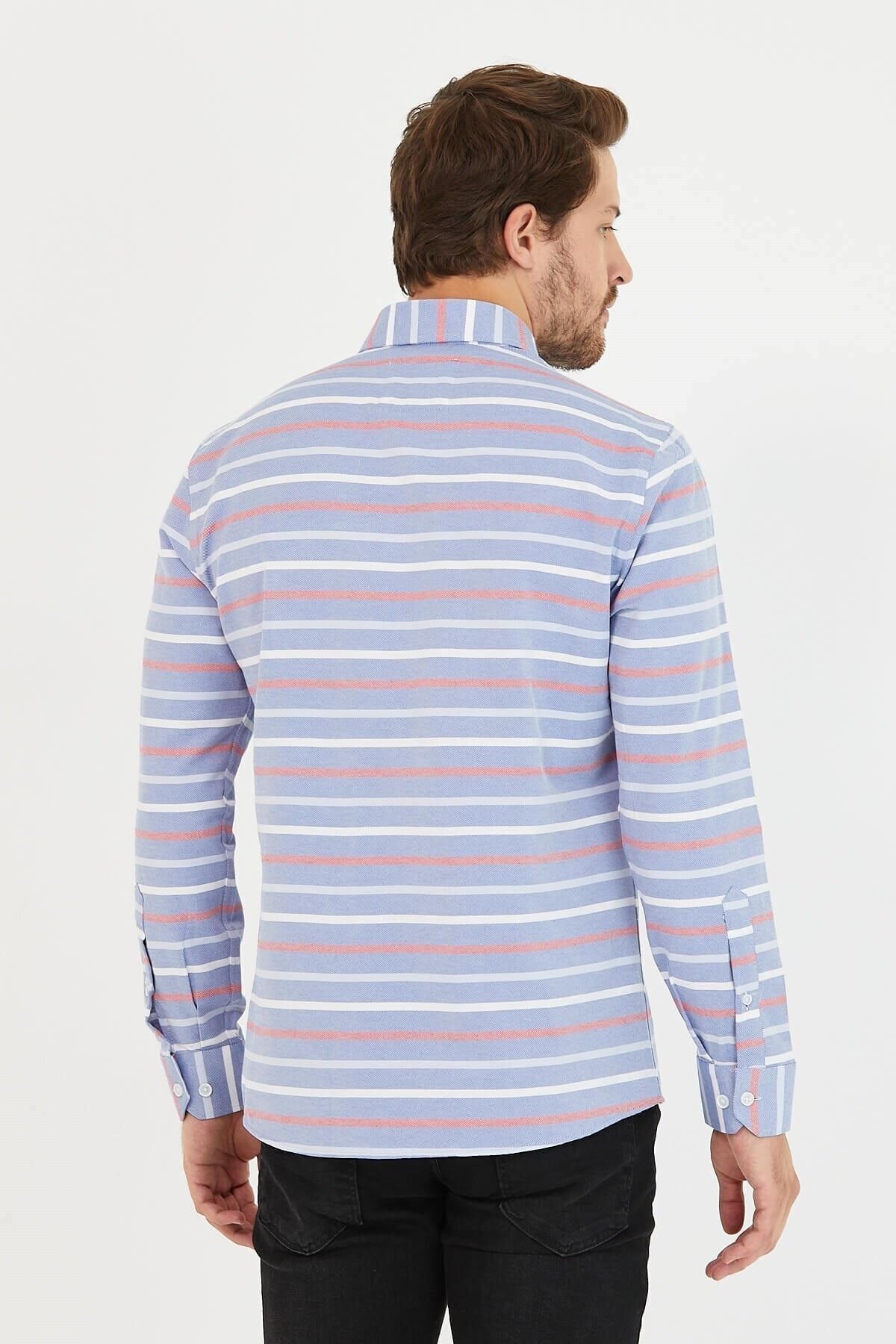 Erkek Mavi Bordo Çizgili Panolu Mavi Dar Kesim Slim Fit Uzun Kol Gömlek