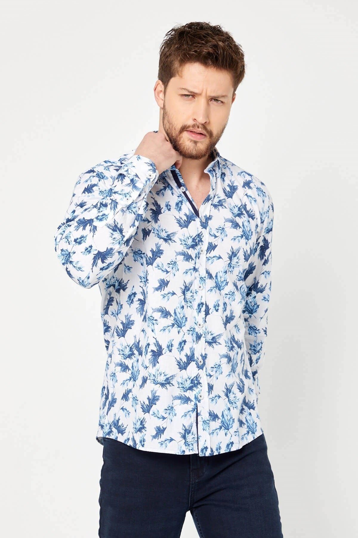 %100 Pamuk Keten Mavi Baskılı Slim Fit Uzun Kol Keten Gömlek