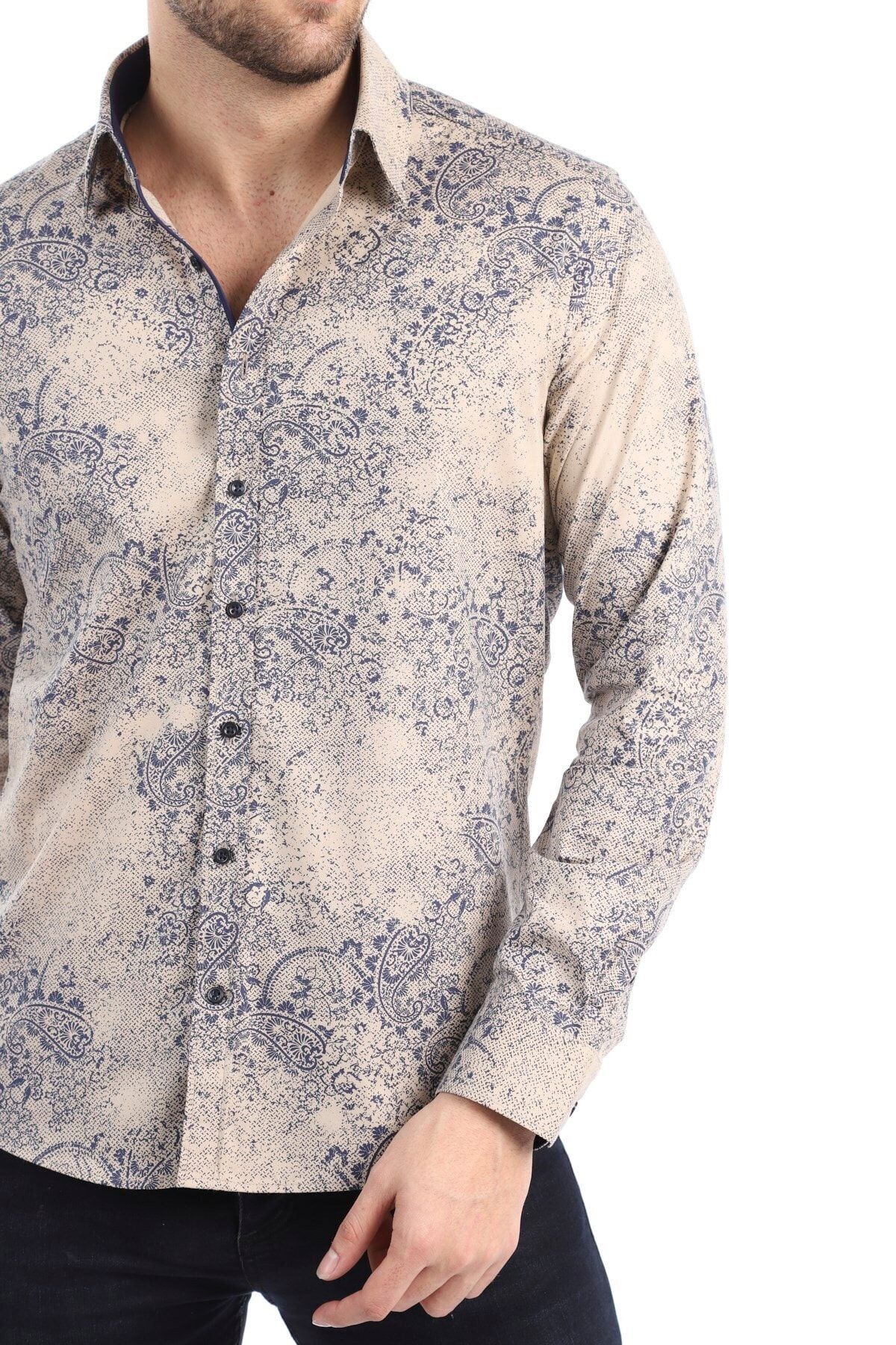 Baskılı Krem Slim Fit Gömlek