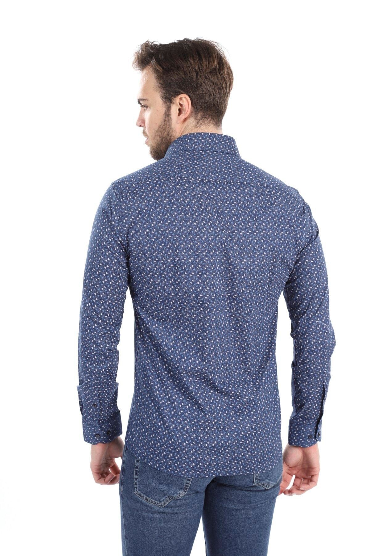 Baskılı Lacivert Slim Fit Gömlek