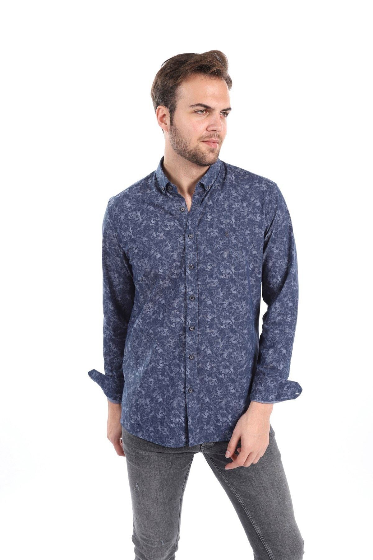 Baskılı Gri Slim Fit Gömlek
