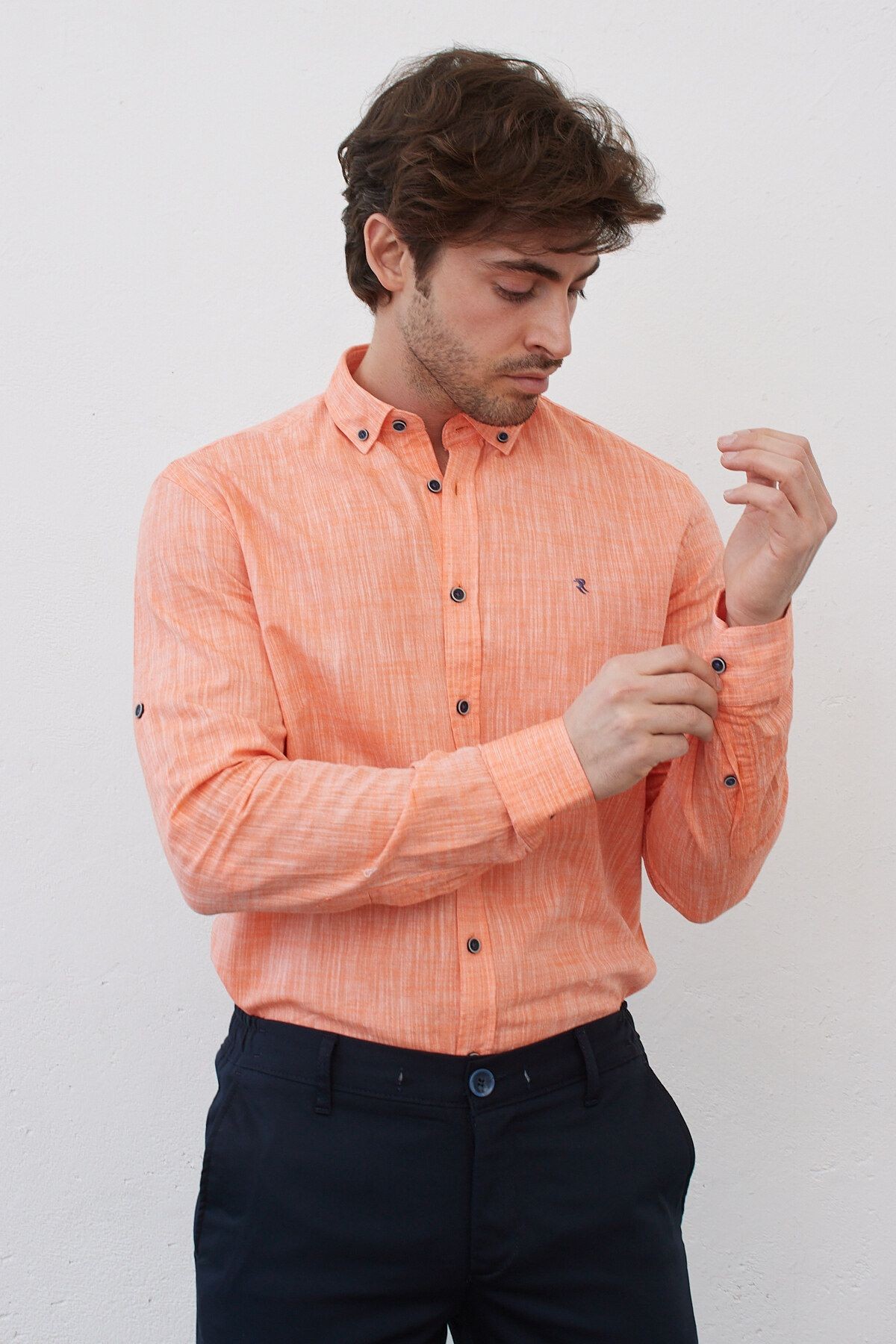 Keten Turuncu Slim Fit Uzun Kol Gömlek