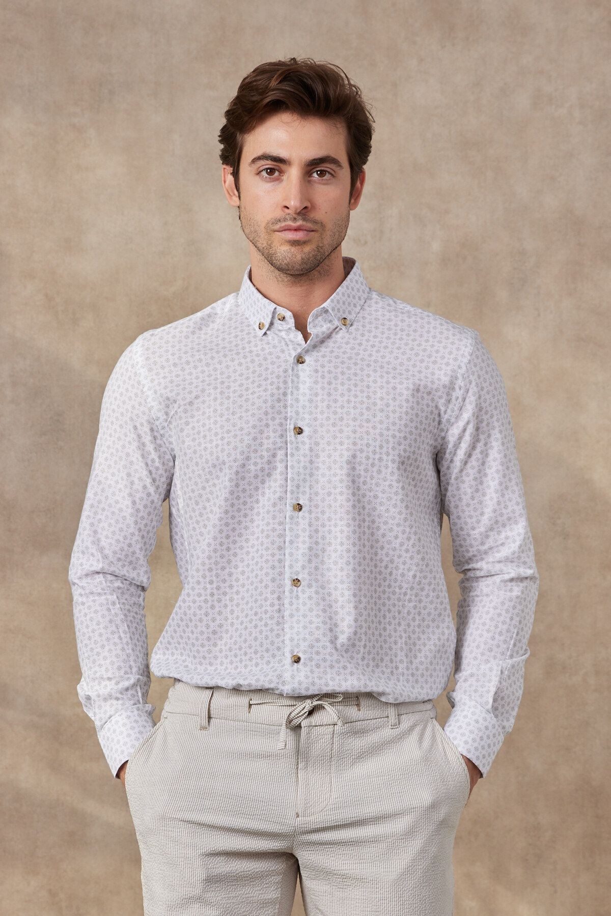 Erkek Baskılı Pamuk Keten Modern Slim Fit Gömlek