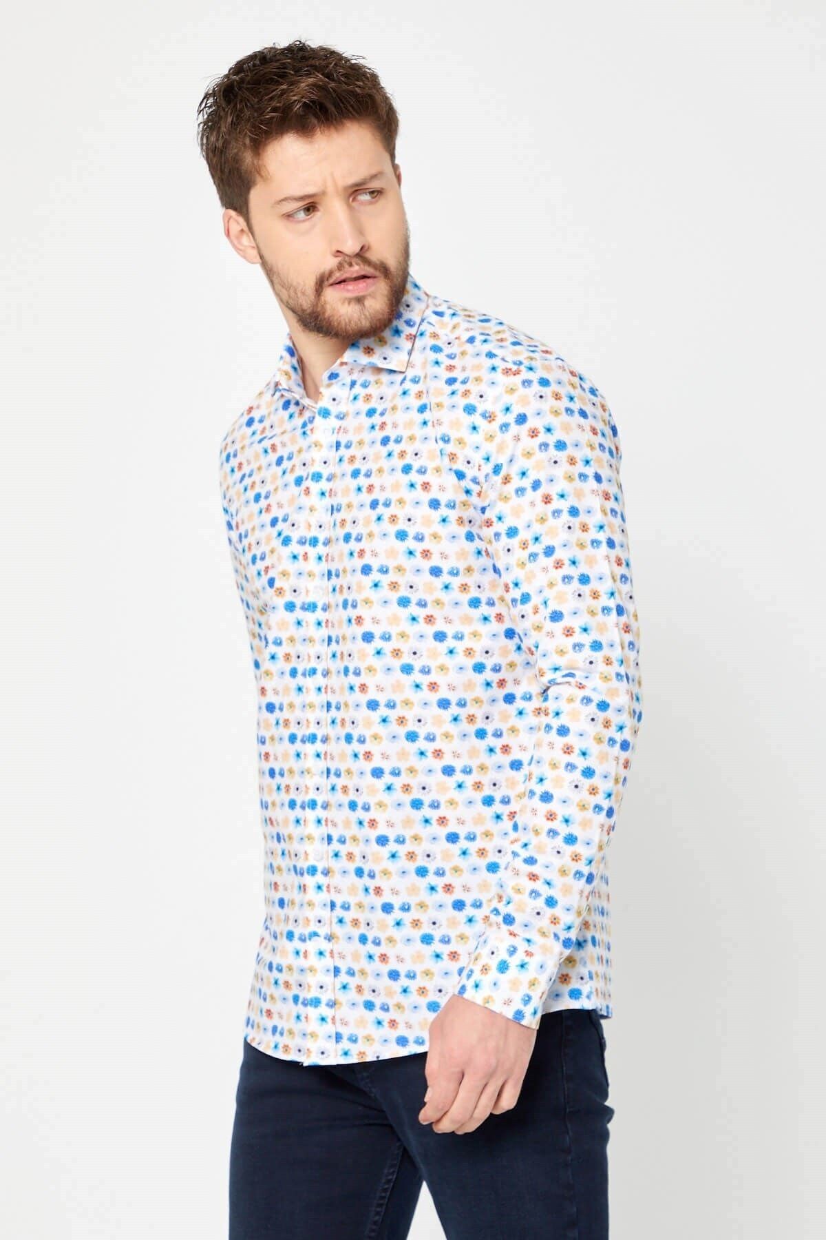 %100 Pamuk Çiçek Baskılı Slim Fit Uzun Kol Gömlek