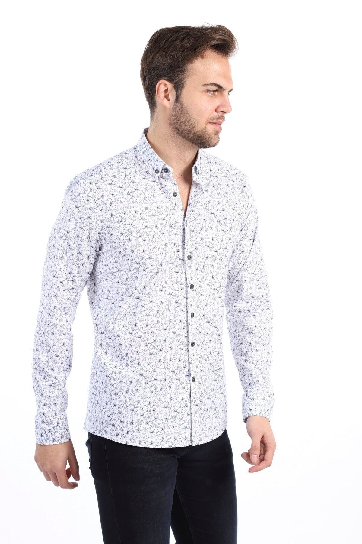 Baskılı Beyaz Slim Fit Likralı Gömlek