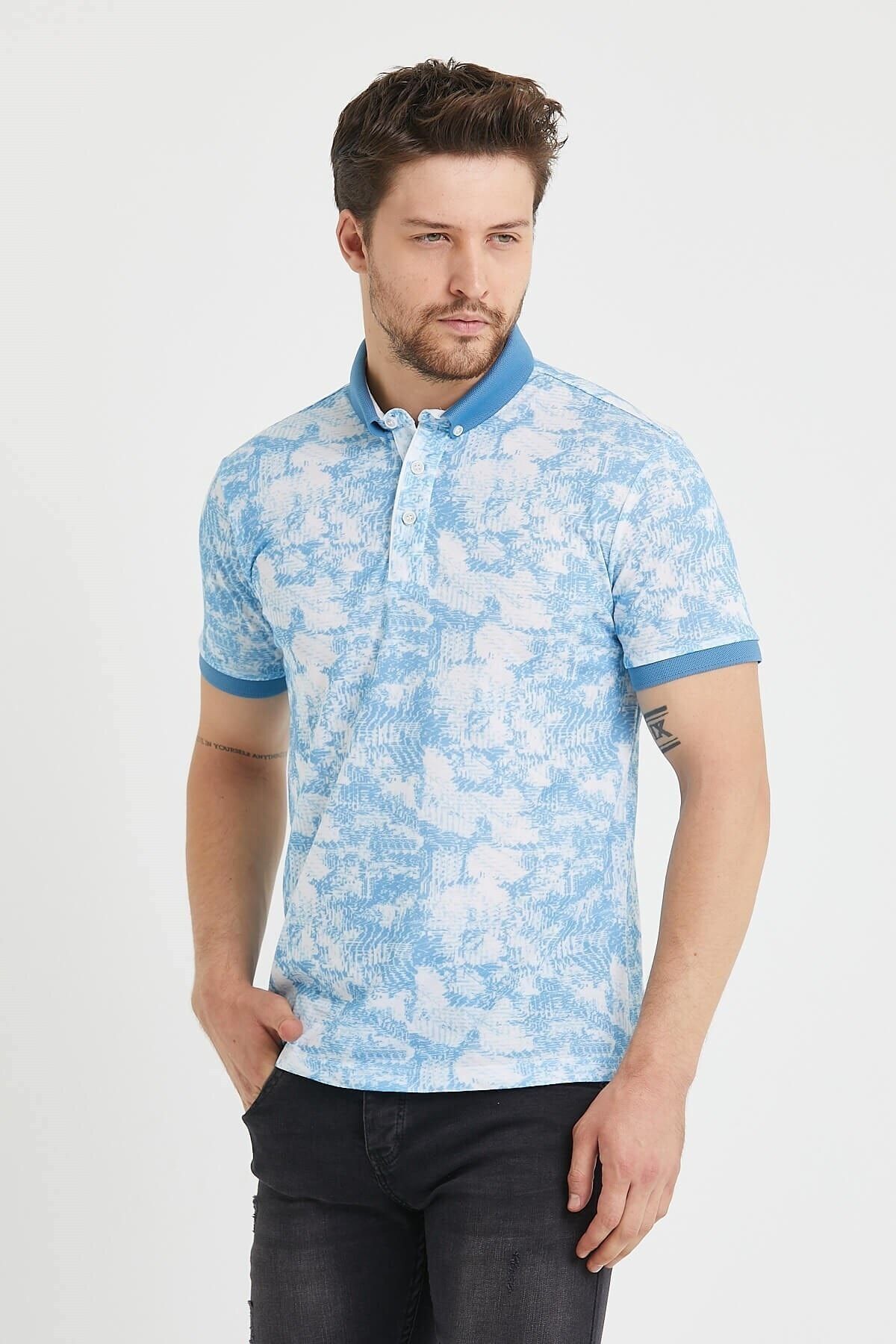 Polo Yaka Düğmeli Baskılı Mavi Slim Fit Tişört