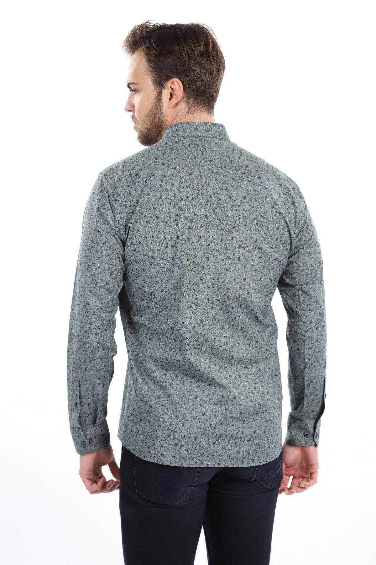 Baskılı Yeşil Slim Fit Likralı Gömlek