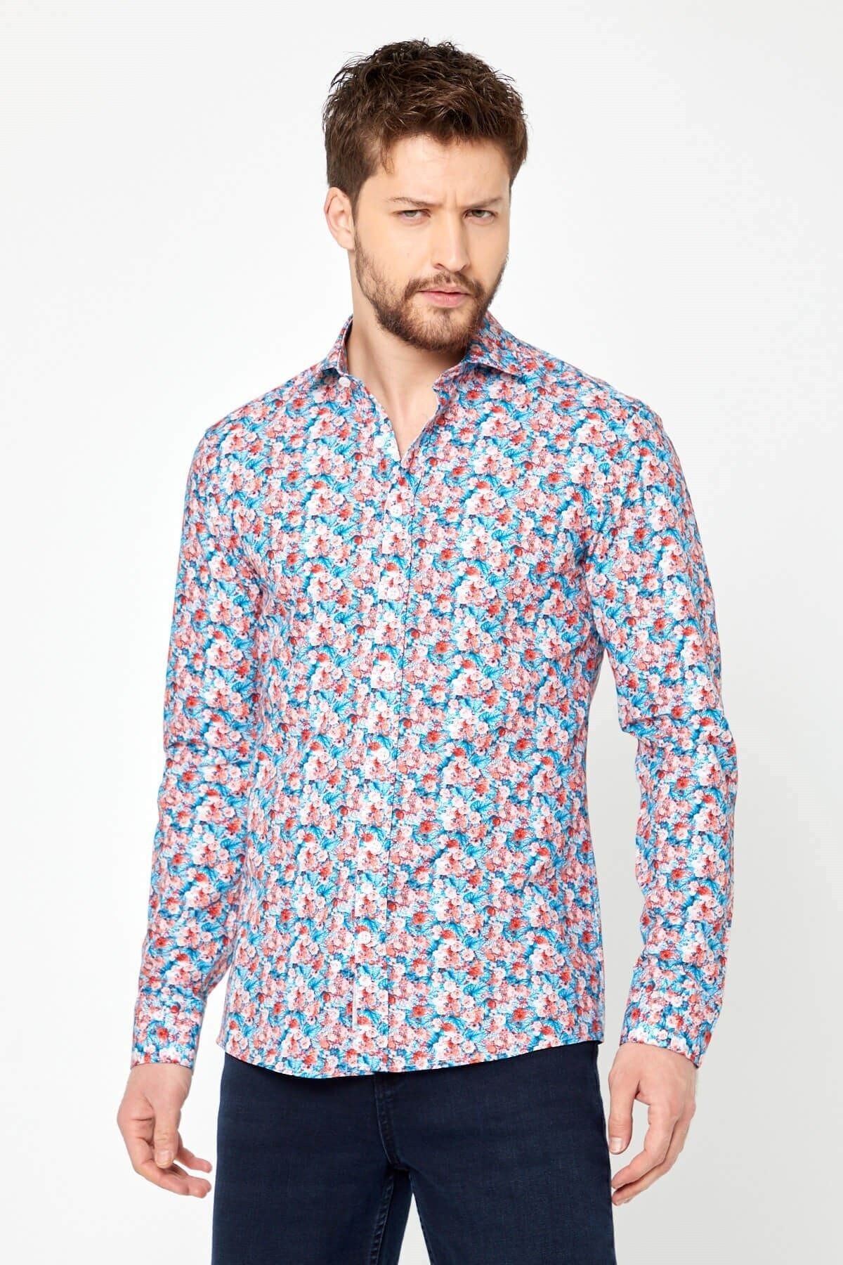 %100 Pamuk Turkuaz Çiçek Baskılı Slim Fit Uzun Kol Gömlek