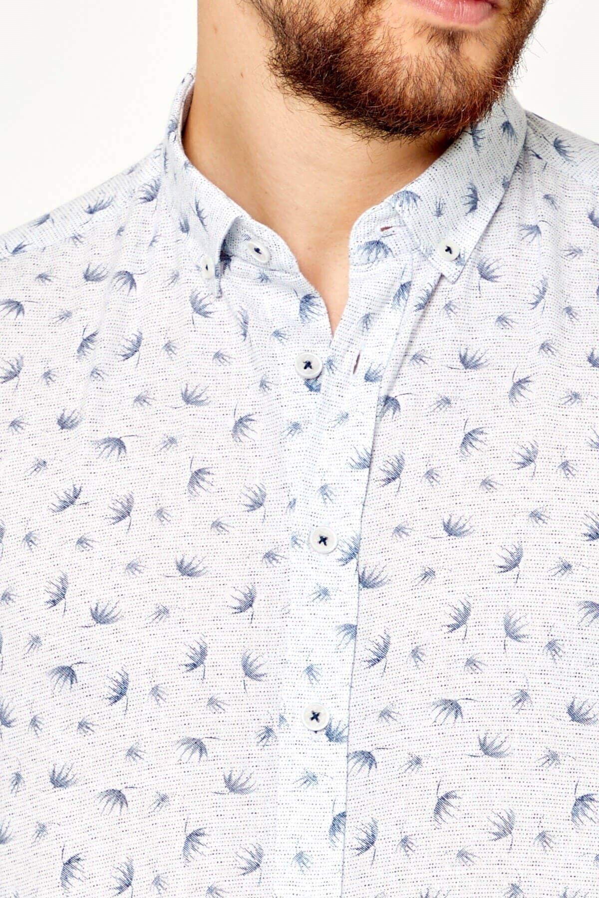 %100 Pamuk Keten Lacivert Baskılı Slim Fit Uzun Kol Keten Gömlek