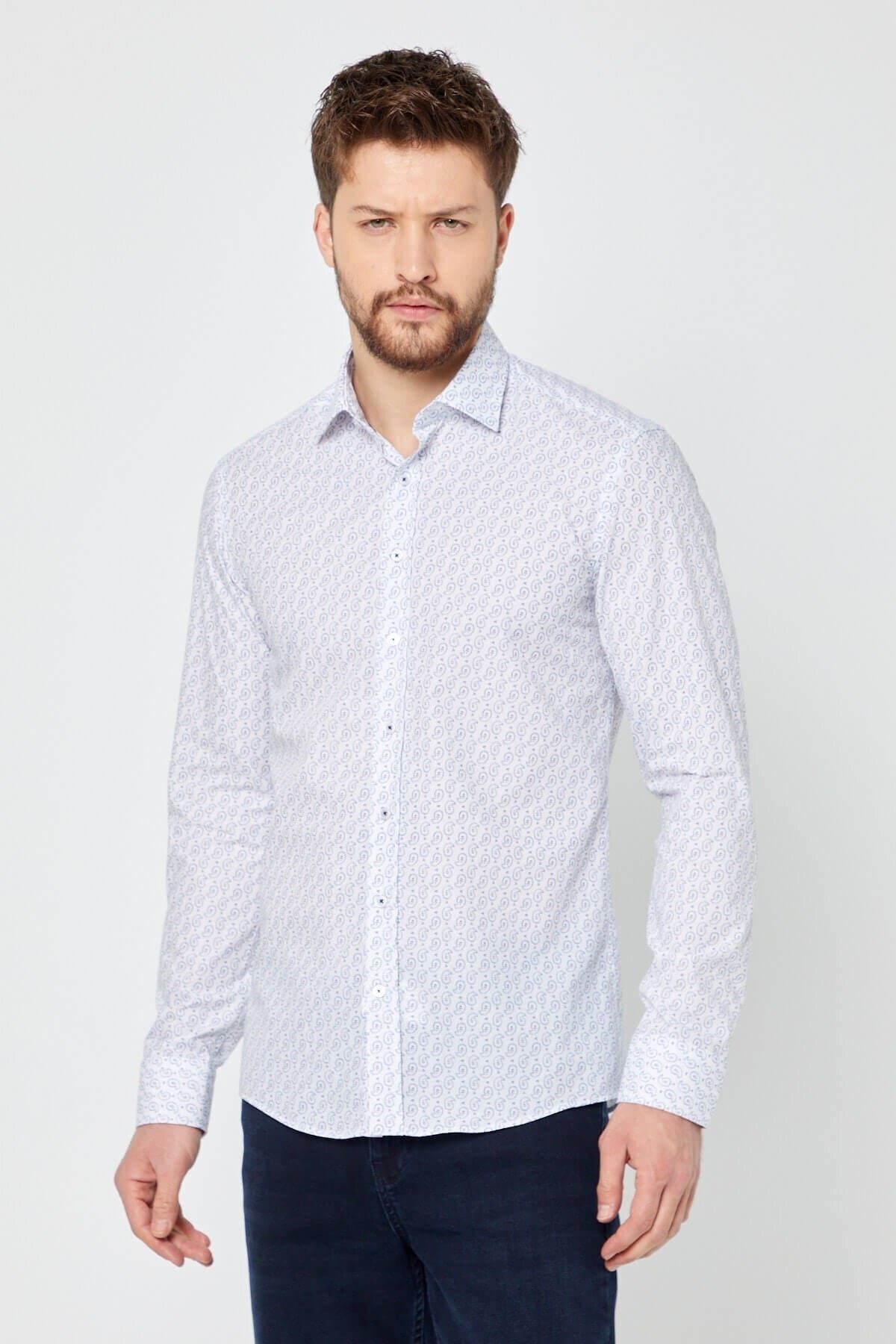 Baskılı Beyaz Slim Fit Uzun Kol Gömlek